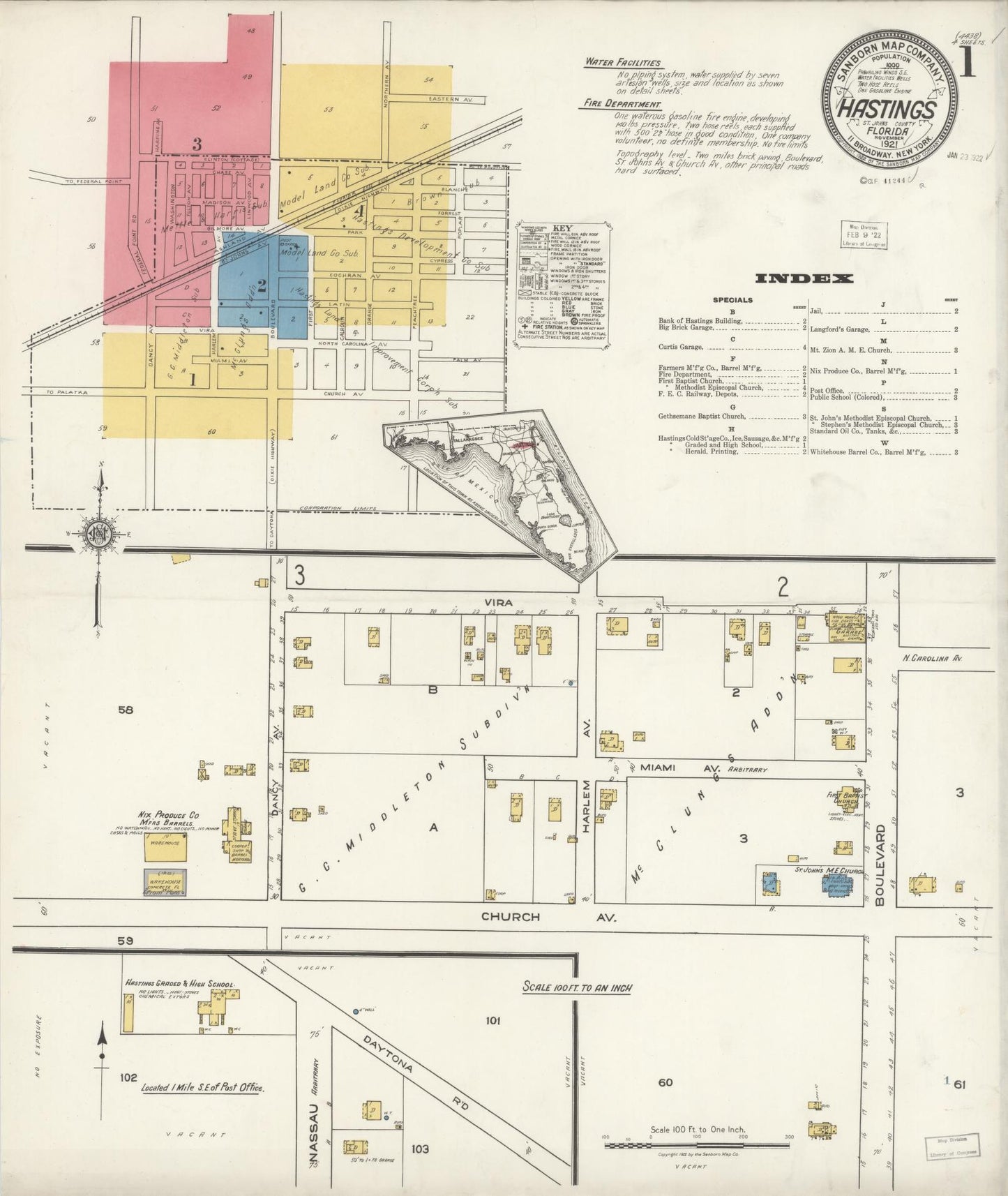 Sanborn Fire Insurance Map from Hastings, St. Johns County, Florida (1921), Sheet #0001 - Complete Map Set gallery image, historic Sanborn map, vintage wall art, Florida Florida