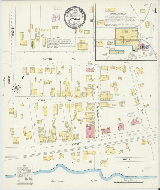Sanborn Fire Insurance Map from Vidalia, Concordia Parish, Louisiana (1907), Sheet #0001 - Historic Sanborn Fire Insurance Map Print, vintage old map wall art, antique decor, genealogy gift, Louisiana Louisiana map