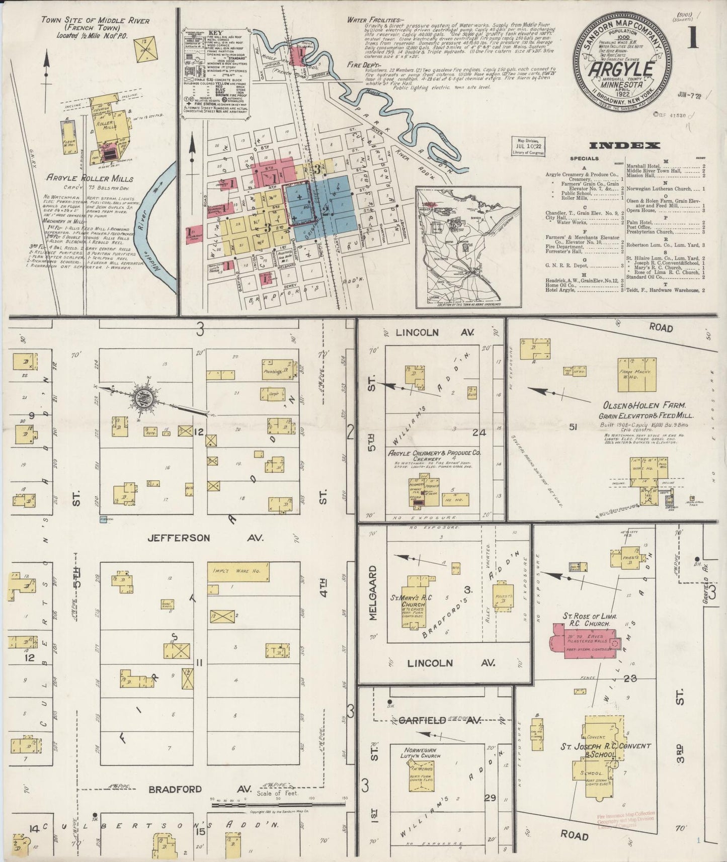 Sanborn Fire Insurance Map from Argyle, Marshall County, Minnesota (1922), Sheet #0001 - Historic Sanborn Fire Insurance Map Print, vintage old map wall art, antique decor, genealogy gift, Minnesota Minnesota map