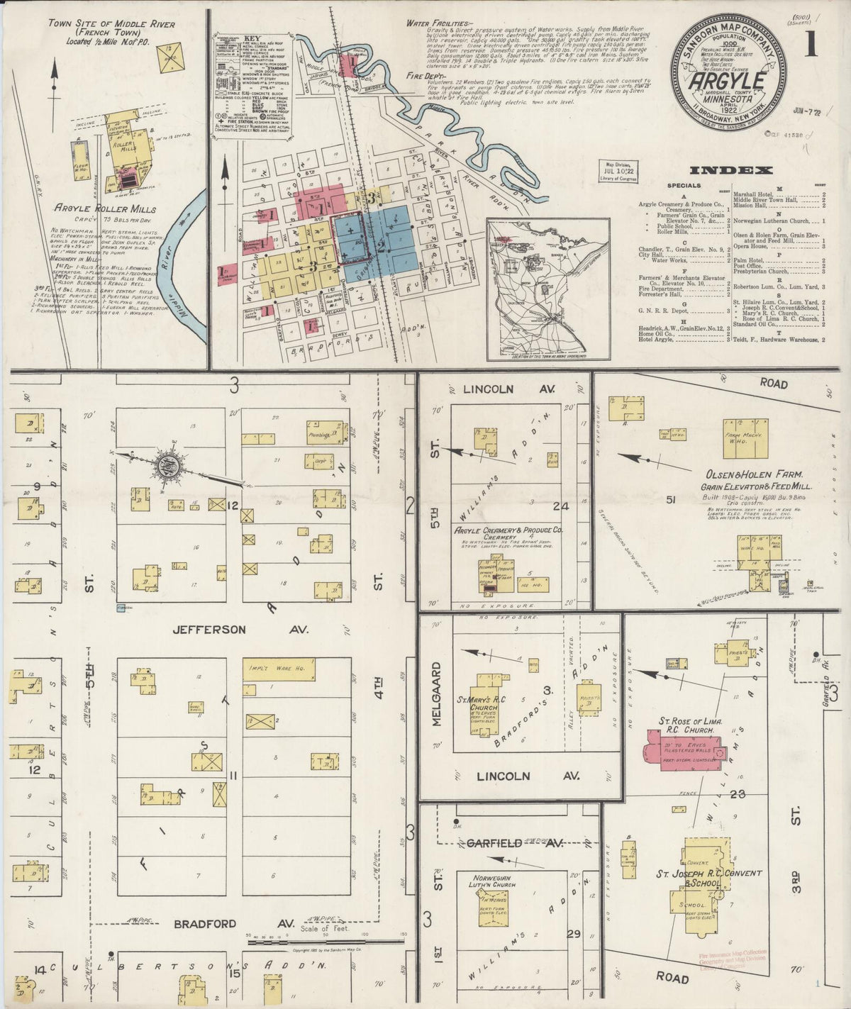 Sanborn Fire Insurance Map from Argyle, Marshall County, Minnesota (1922), Sheet #0001 - Historic Sanborn Fire Insurance Map Print, vintage old map wall art, antique decor, genealogy gift, Minnesota Minnesota map