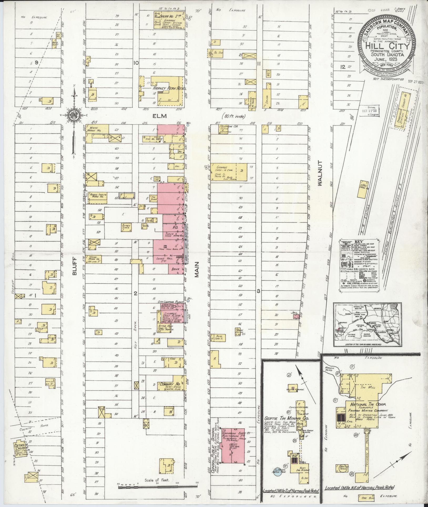 Sanborn Fire Insurance Map from Hill City, Pennington County, South Dakota (1923), Sheet #0001 - Historic Sanborn Fire Insurance Map Print, vintage old map wall art, antique decor, genealogy gift, South Dakota South Dakota map