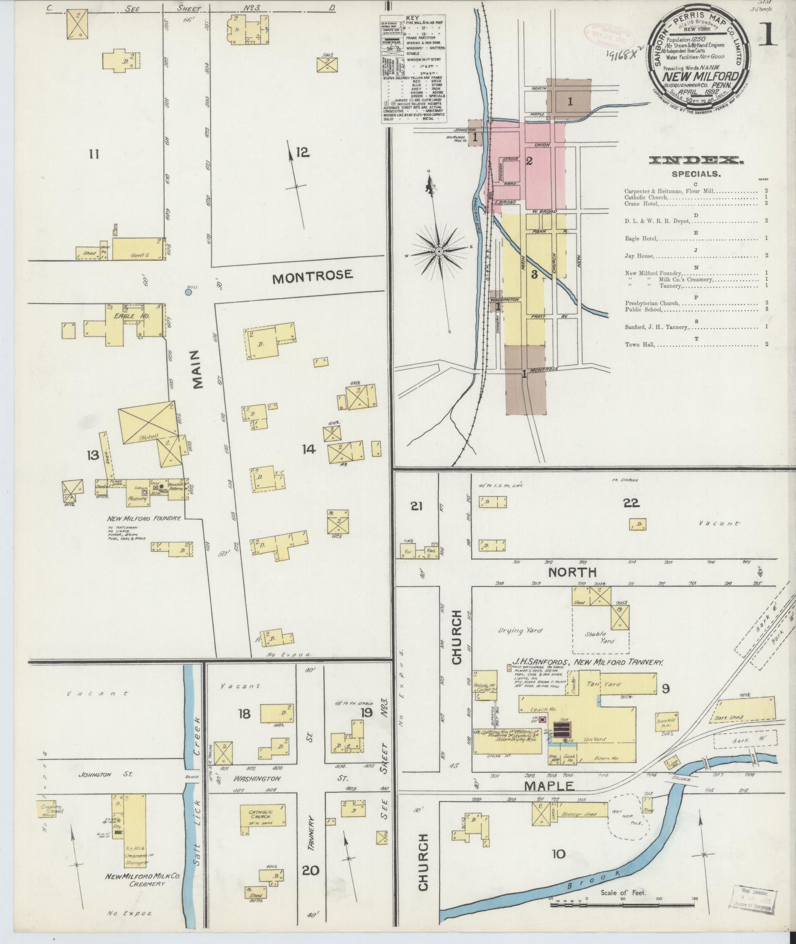 Sanborn Fire Insurance Map from New Milford, Susquehanna County, Pennsylvania (1892), Sheet #0001 - Complete Map Set gallery image, historic Sanborn map, vintage wall art, Pennsylvania Pennsylvania