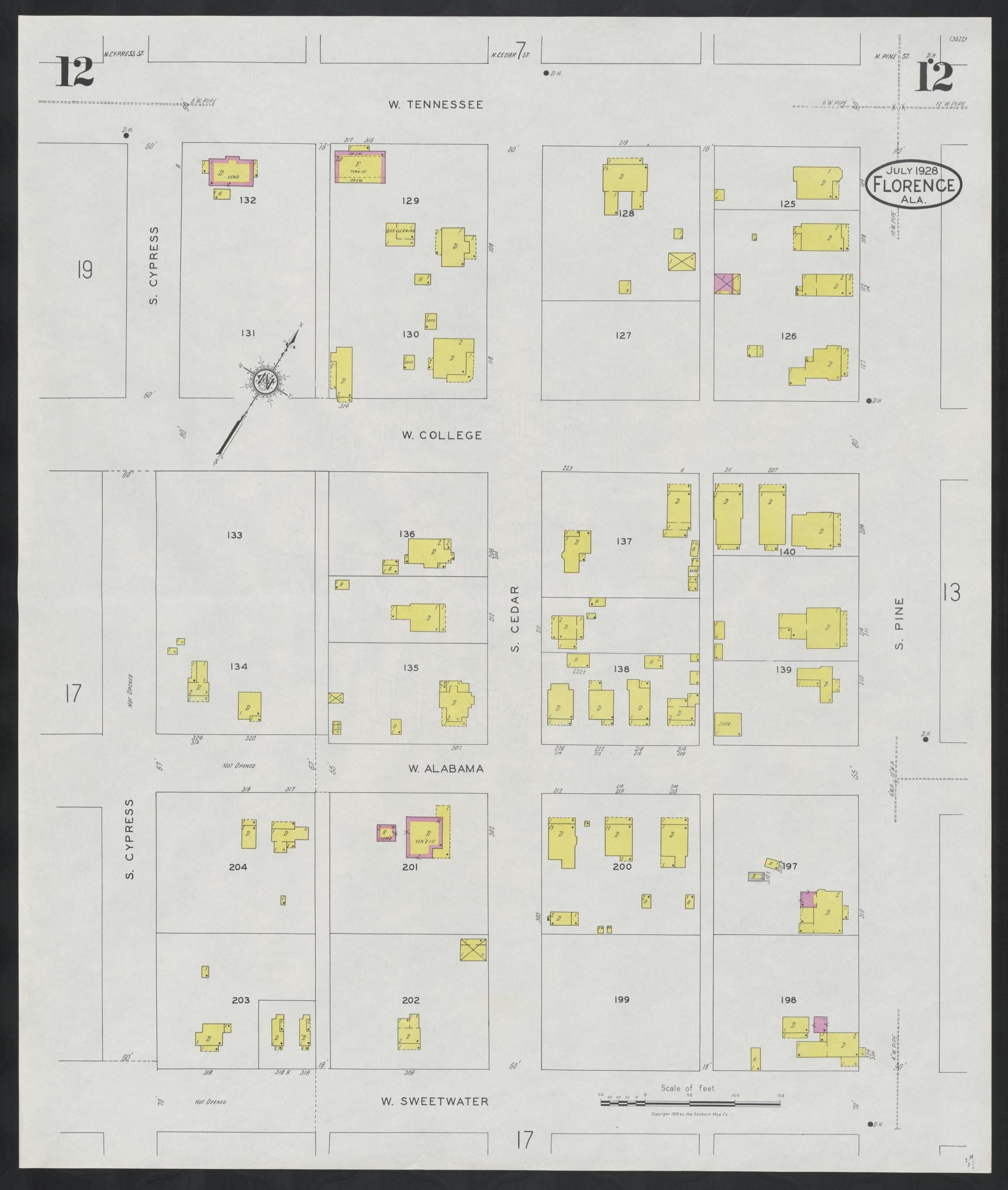 Sanborn Fire Insurance Map from Florence, Lauderdale County, Alabama (1928), Sheet #0012 - Historic Sanborn Fire Insurance Map Print, vintage old map wall art, antique decor, genealogy gift, Alabama Alabama map