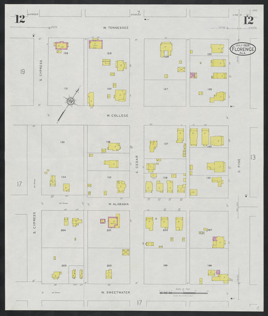 Sanborn Fire Insurance Map from Florence, Lauderdale County, Alabama (1928), Sheet #0012 - Historic Sanborn Fire Insurance Map Print, vintage old map wall art, antique decor, genealogy gift, Alabama Alabama map