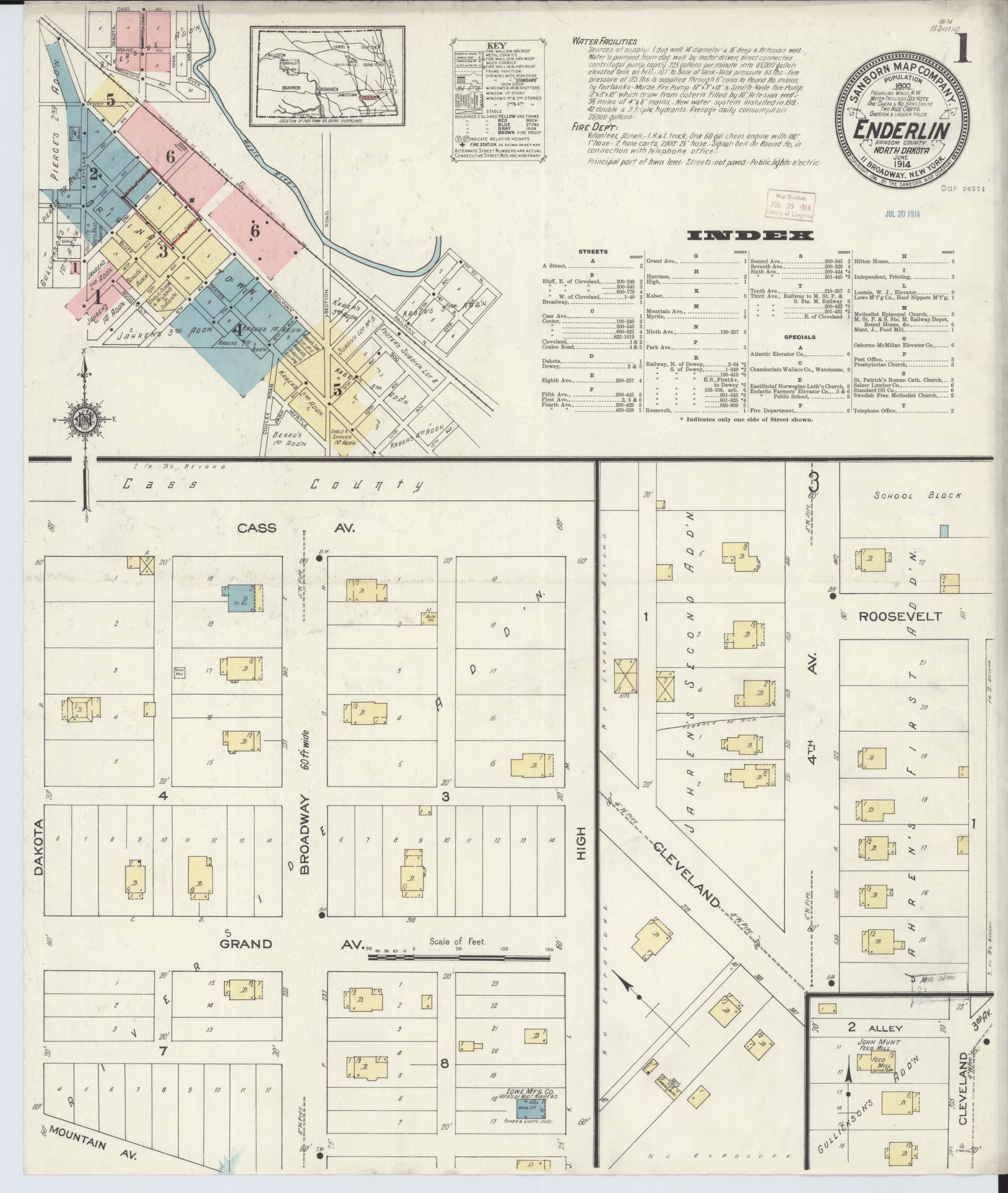 Sanborn Fire Insurance Map from Enderlin, Ransom County, North Dakota (1914), Sheet #0001 - Historic Sanborn Fire Insurance Map Print, vintage old map wall art, antique decor, genealogy gift, North Dakota North Dakota map