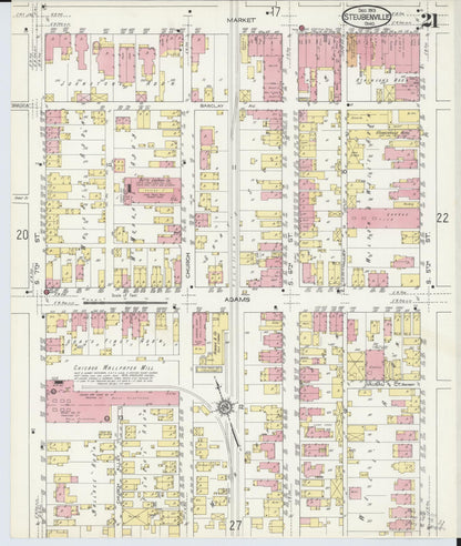 Sanborn Fire Insurance Map from Steubenville, Jefferson County, Ohio (1913), Sheet #0021 - Historic Sanborn Fire Insurance Map Print, vintage old map wall art, antique decor, genealogy gift, Ohio Ohio map