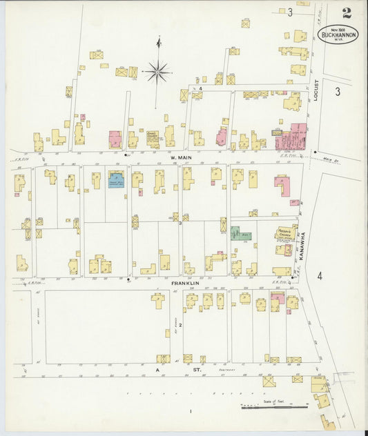 Sanborn Fire Insurance Map from Buckhannon, Upshur County, West Virginia (1908), Sheet #0002 - Historic Sanborn Fire Insurance Map Print, vintage old map wall art, antique decor, genealogy gift, West Virginia West Virginia map