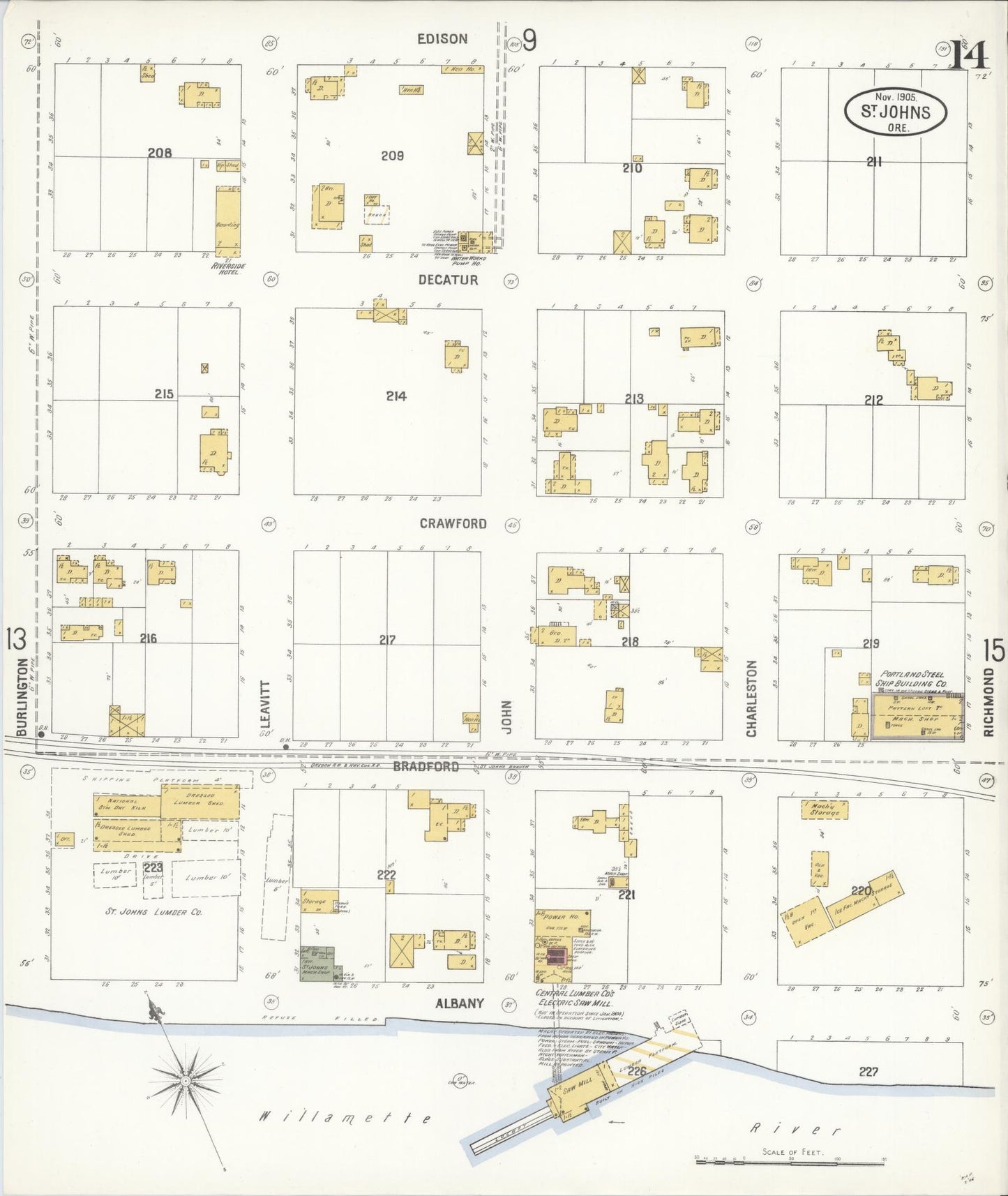 Sanborn Fire Insurance Map from Saint Johns, Multnomah County, Oregon (1905), Sheet #0014 - Complete Map Set gallery image, historic Sanborn map, vintage wall art, Oregon Oregon