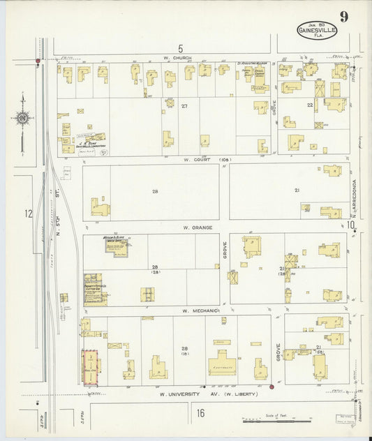 Sanborn Fire Insurance Map from Gainesville, Alachua County, Florida (1913), Sheet #0009 - Historic Sanborn Fire Insurance Map Print, vintage old map wall art, antique decor, genealogy gift, Florida Florida map