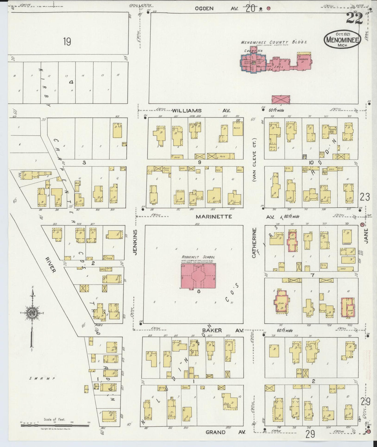 Sanborn Fire Insurance Map from Menominee, Menominee County, Michigan (1921), Sheet #0022 - Historic Sanborn Fire Insurance Map Print, vintage old map wall art, antique decor, genealogy gift, Michigan Michigan map