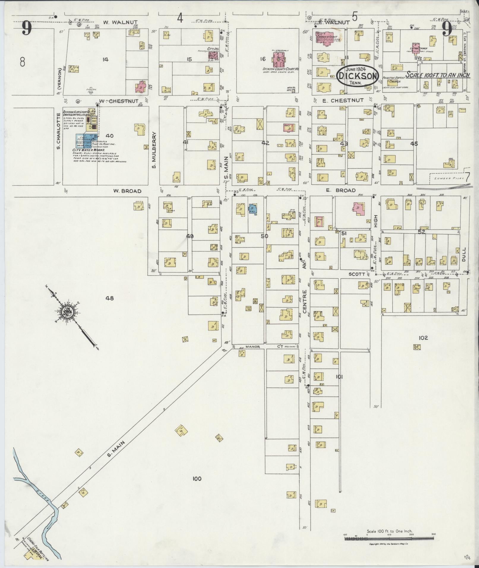 Sanborn Fire Insurance Map from Dickson, Dickson County, Tennessee (1924), Sheet #0009 - Complete Map Set gallery image, historic Sanborn map, vintage wall art, Tennessee Tennessee