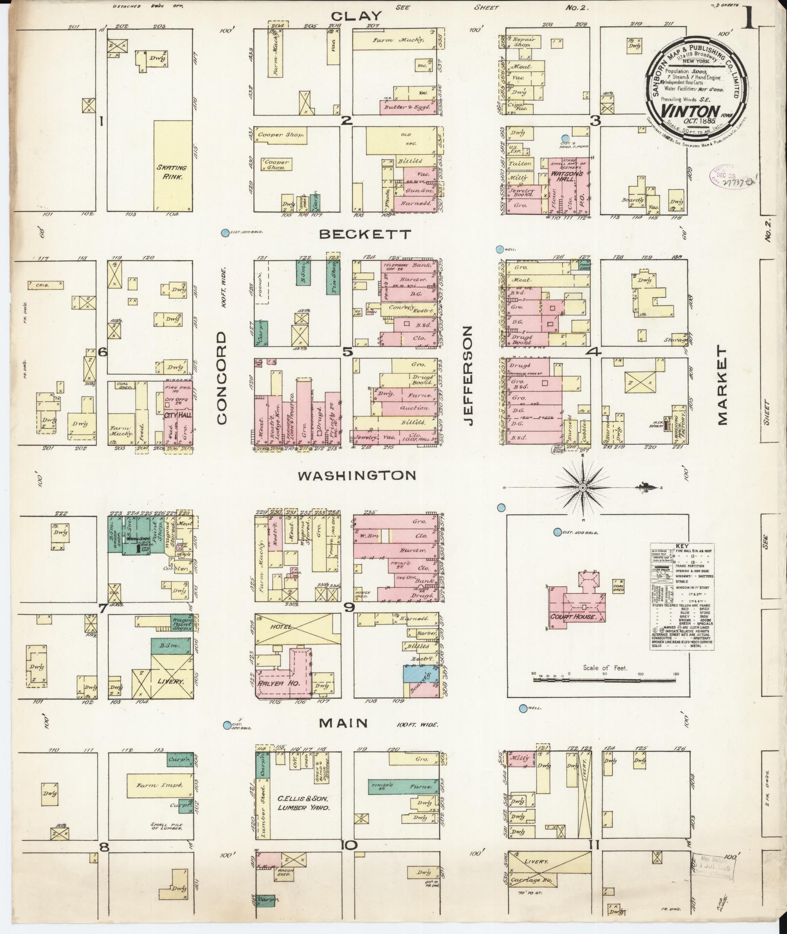 Sanborn Fire Insurance Map from Vinton, Benton County, Iowa (1885), Sheet #0001 - Historic Sanborn Fire Insurance Map Print, vintage old map wall art