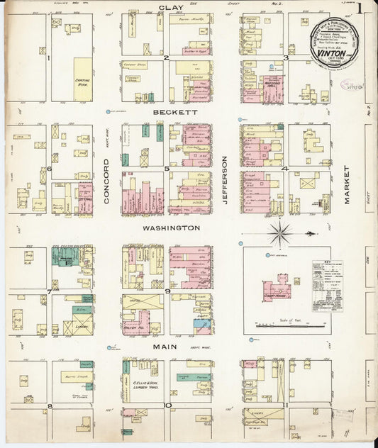 Sanborn Fire Insurance Map from Vinton, Benton County, Iowa (1885), Sheet #0001 - Historic Sanborn Fire Insurance Map Print, vintage old map wall art