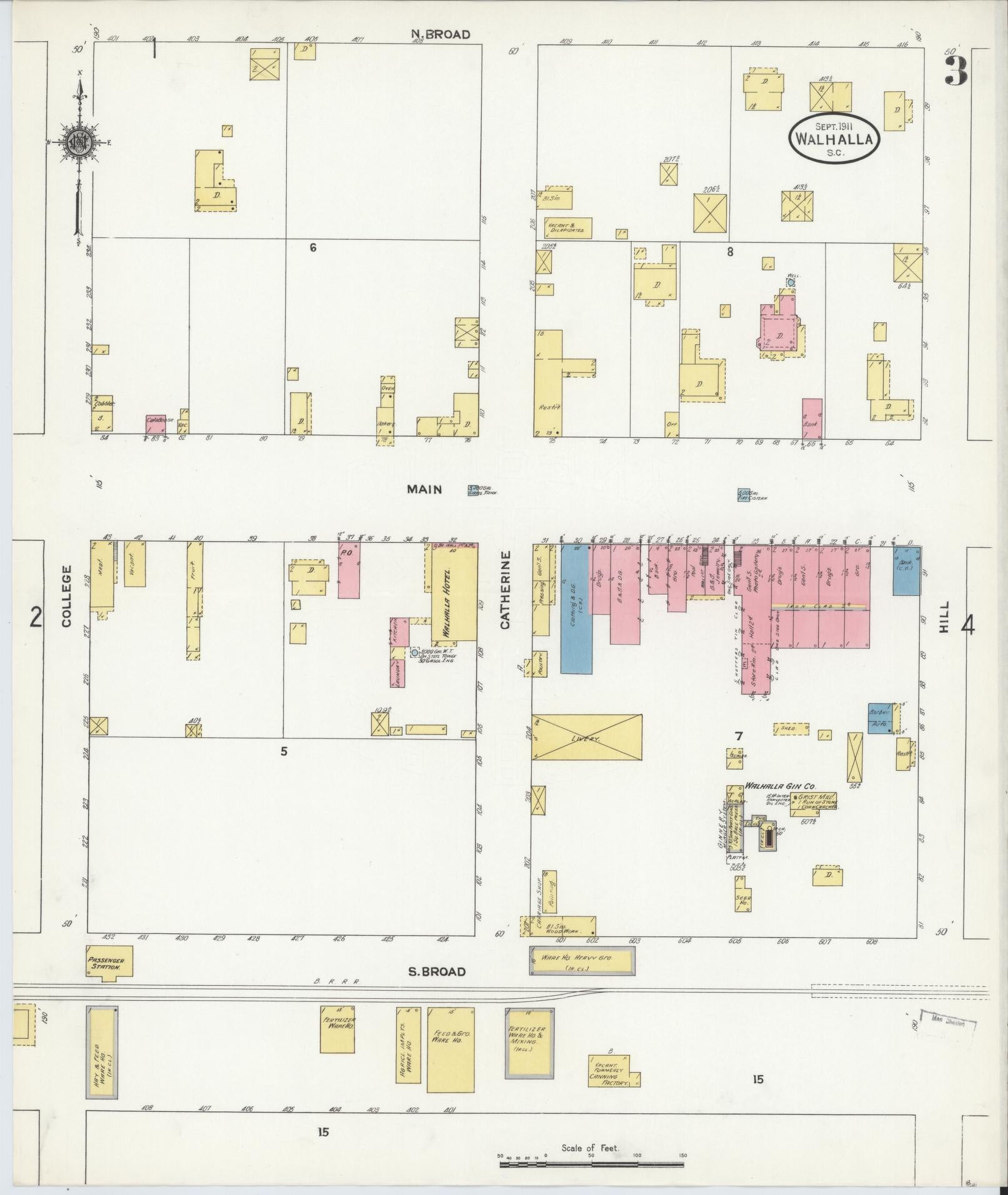 Sanborn Fire Insurance Map from Walhalla, Oconee County, South Carolina (1911), Sheet #0003 - Historic Sanborn Fire Insurance Map Print, vintage old map wall art, antique decor, genealogy gift, South Carolina South Carolina map