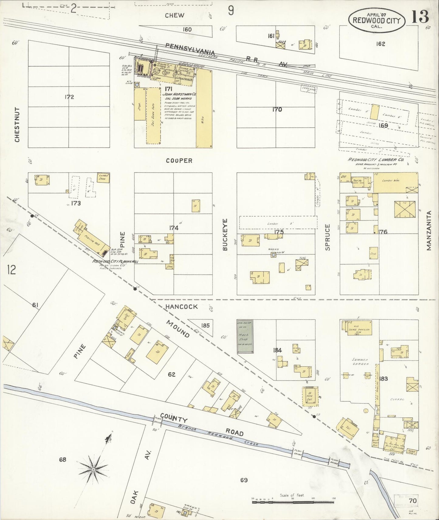 Sanborn Fire Insurance Map from Redwood City, San Mateo County, California (1907), Sheet #0013 - Complete Map Set gallery image, historic Sanborn map, vintage wall art, California California