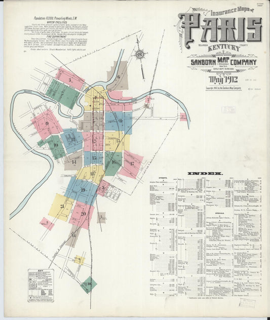 Sanborn Fire Insurance Map from Paris, Bourbon County, Kentucky (1912), Sheet #0001 - Historic Sanborn Fire Insurance Map Print, vintage old map wall art, antique decor, genealogy gift, Kentucky Kentucky map