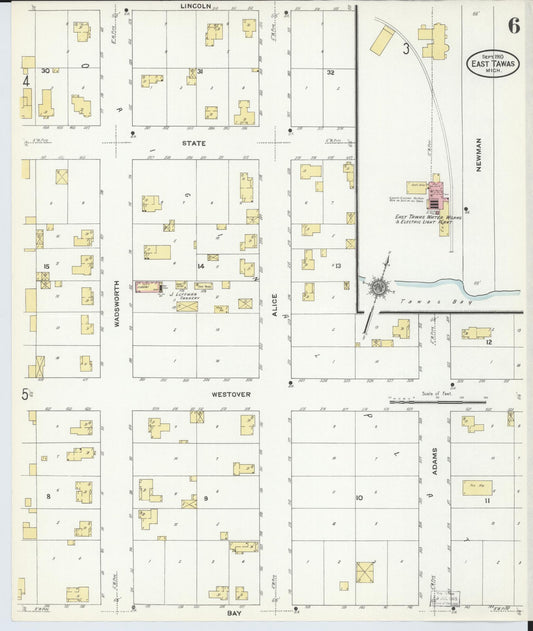 Sanborn Fire Insurance Map from East Tawas, Iosco County, Michigan (1910), Sheet #0006 - Historic Sanborn Fire Insurance Map Print, vintage old map wall art, antique decor, genealogy gift, Michigan Michigan map