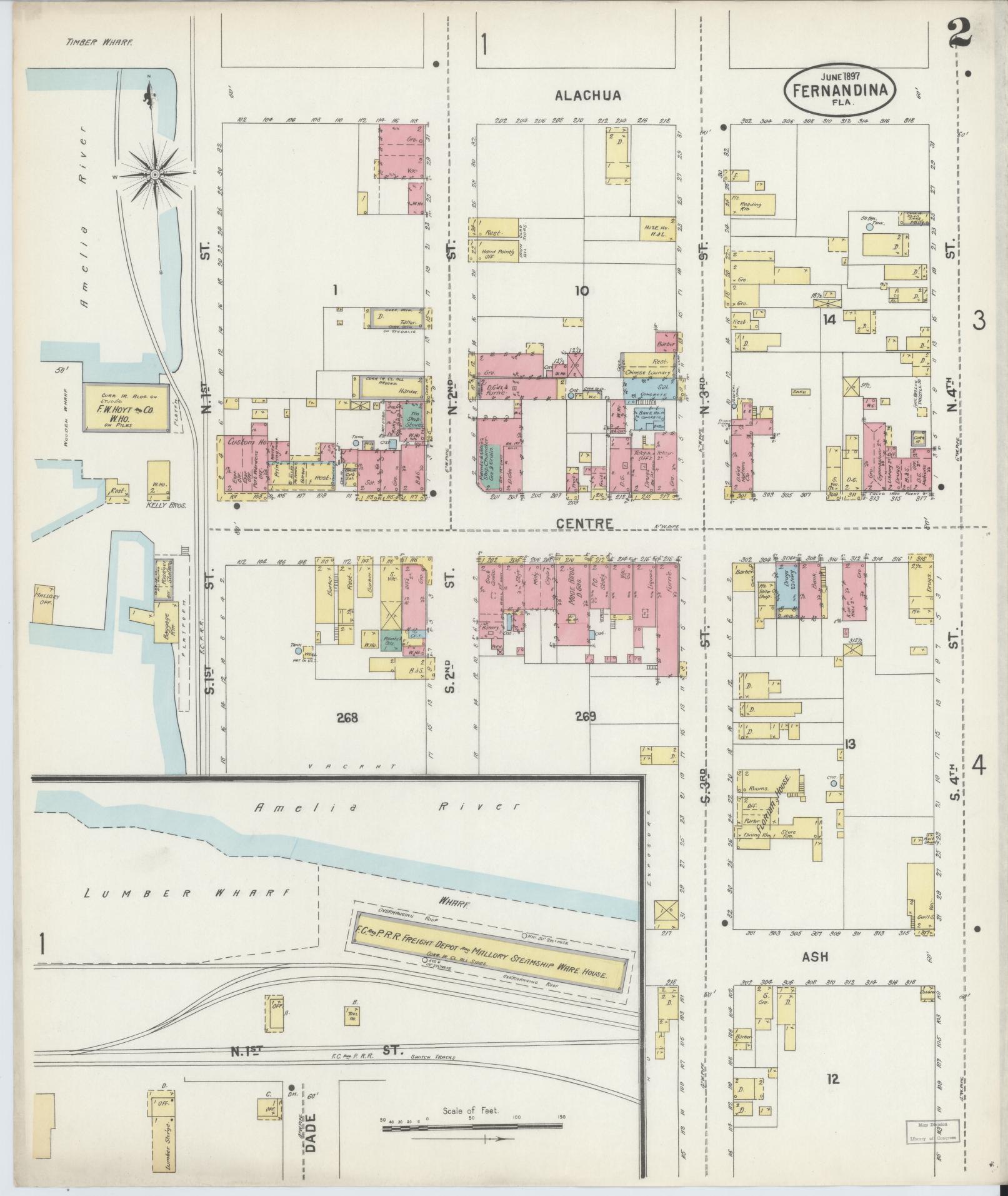 Sanborn Fire Insurance Map from Fernandina, Nassau County, Florida (1897), Sheet #0002 - Historic Sanborn Fire Insurance Map Print, vintage old map wall art, antique decor, genealogy gift, Florida Florida map