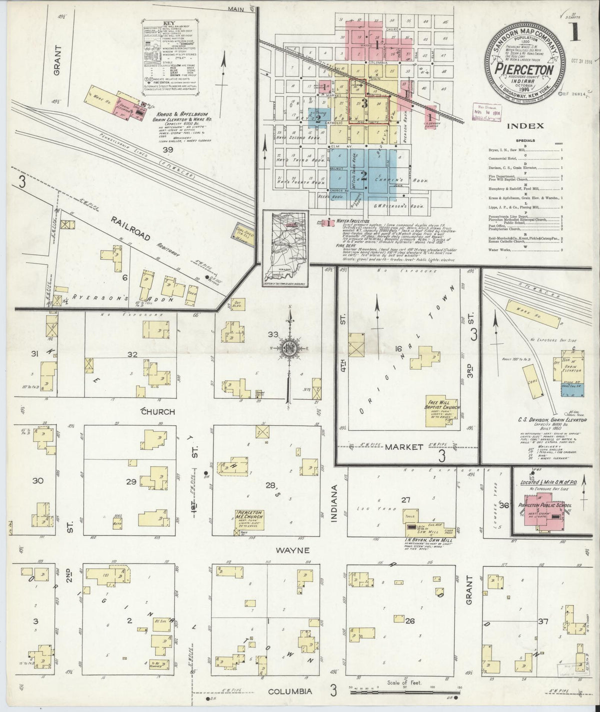 Sanborn Fire Insurance Map from Pierceton, Kosciusko County, Indiana (1914), Sheet #0001 - Historic Sanborn Fire Insurance Map Print, vintage old map wall art, antique decor, genealogy gift, Indiana Indiana map
