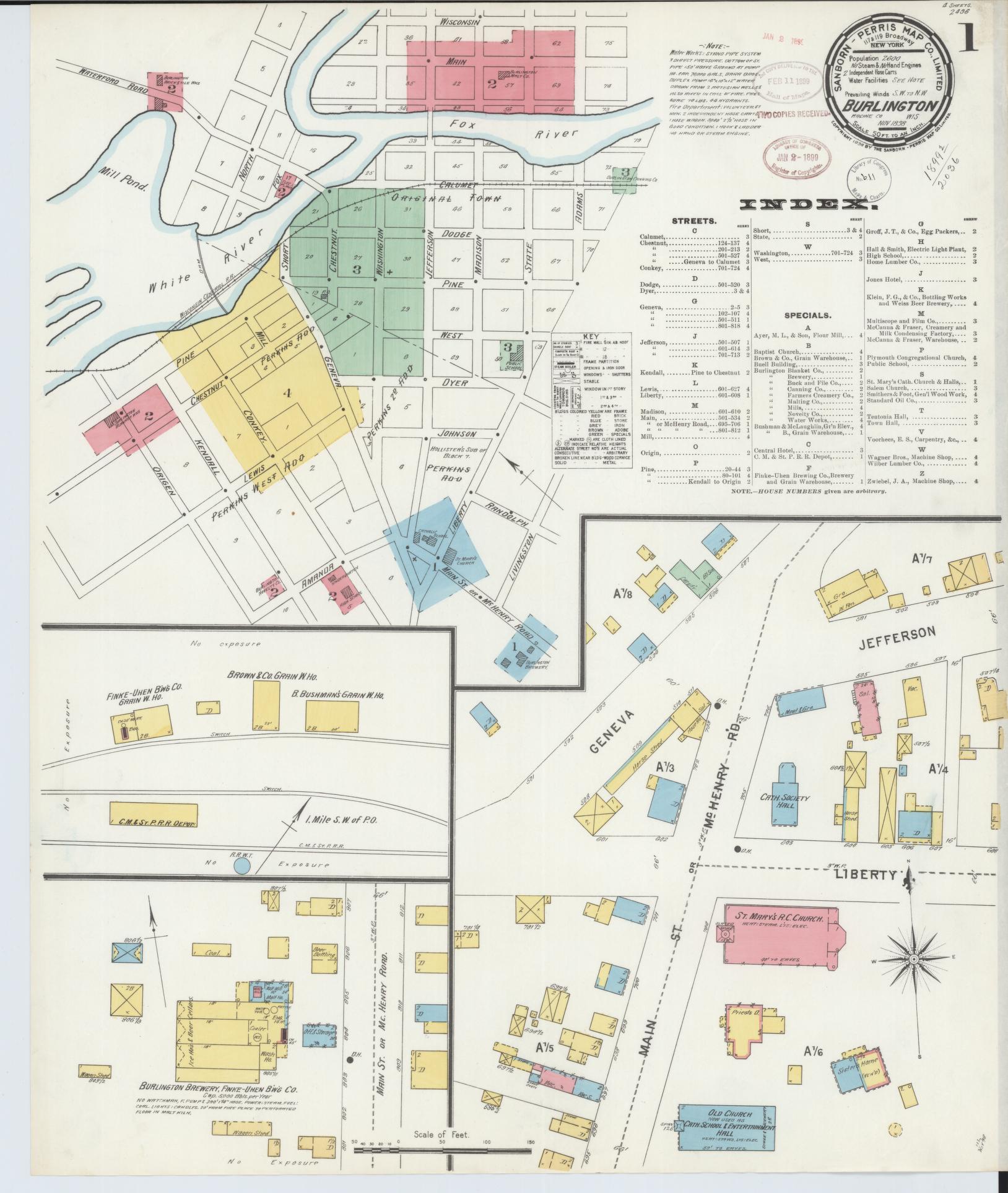 Sanborn Fire Insurance Map from Burlington, Racine County, Wisconsin (1898), Sheet #0001 - Complete Map Set gallery image, historic Sanborn map, vintage wall art, Wisconsin Wisconsin