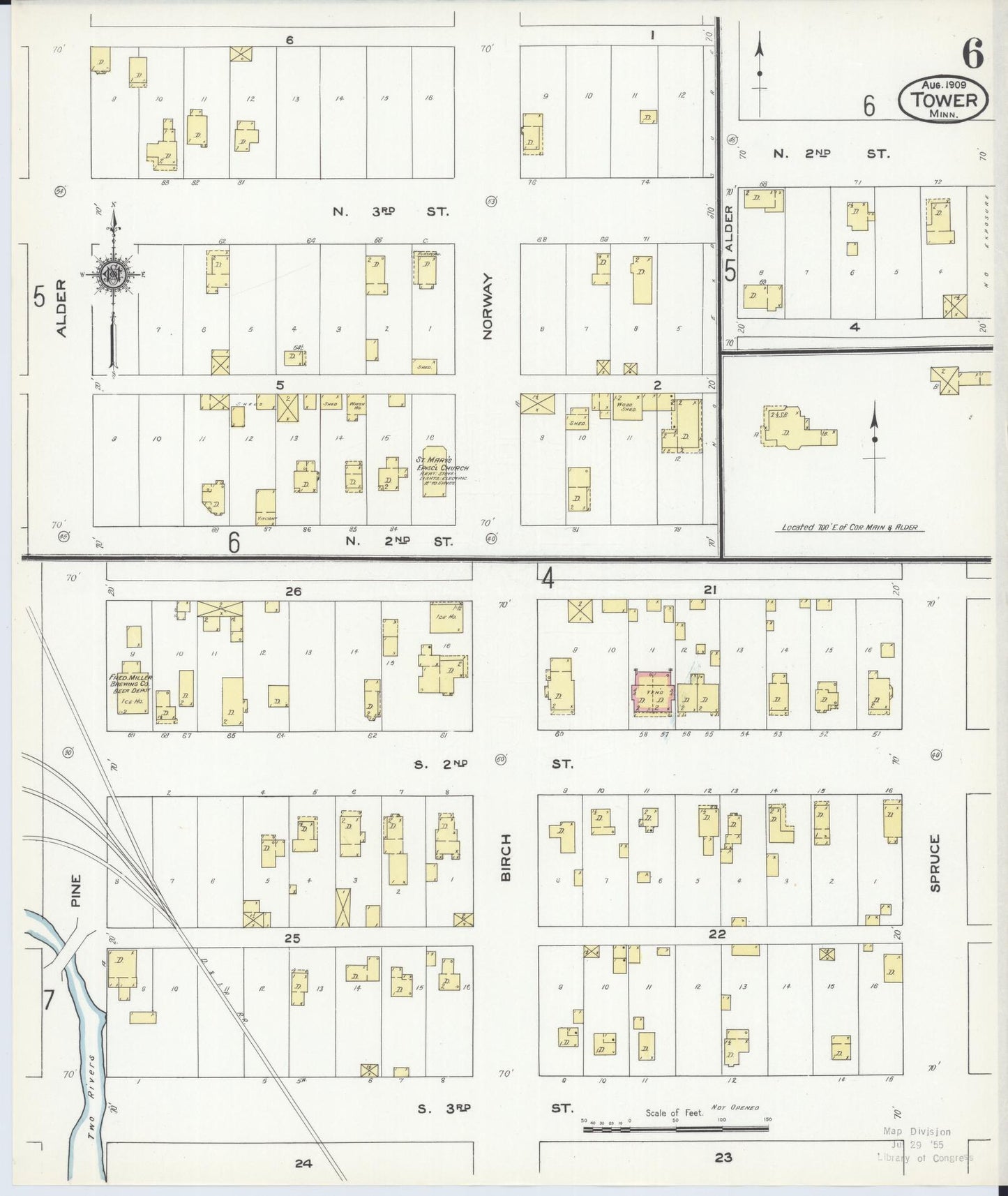 Sanborn Fire Insurance Map from Tower, Saint Louis County, Minnesota (1909), Sheet #0006 - Historic Sanborn Fire Insurance Map Print, vintage old map wall art, antique decor, genealogy gift, Minnesota Minnesota map