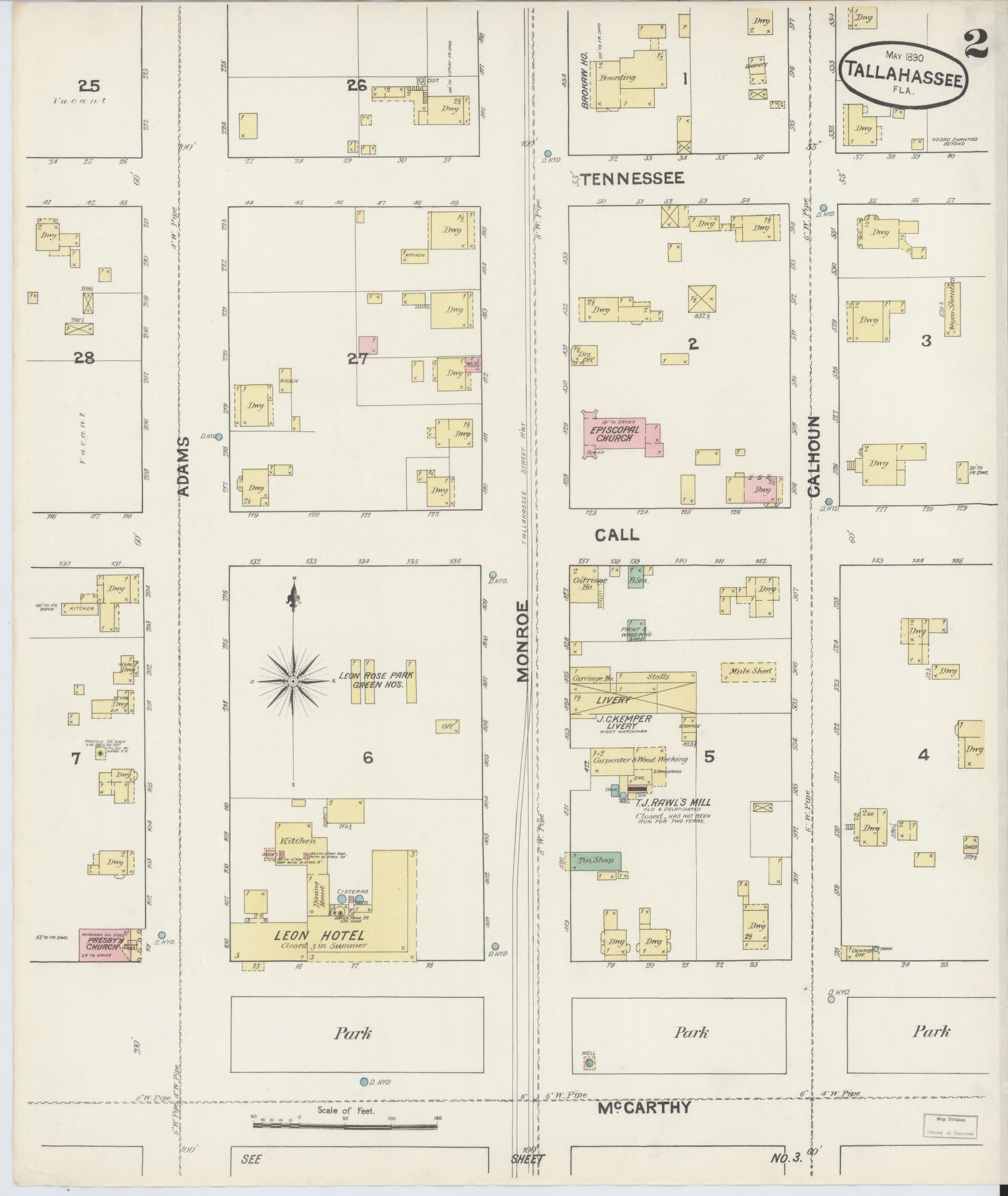 Sanborn Fire Insurance Map from Tallahassee, Leon County, Florida (1890), Sheet #0002 - Complete Map Set gallery image, historic Sanborn map, vintage wall art, Florida Florida