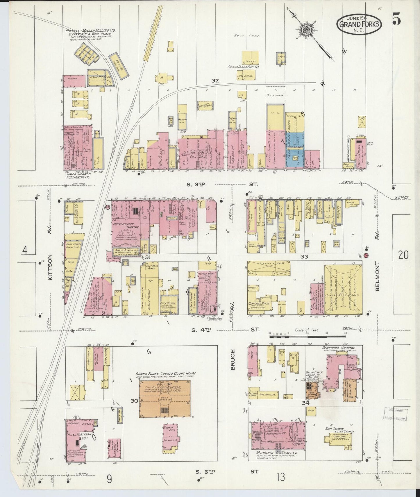 Sanborn Fire Insurance Map from Grand Forks, Grand Forks County, North Dakota (1916), Sheet #0005 - Historic Sanborn Fire Insurance Map Print, vintage old map wall art, antique decor, genealogy gift, North Dakota North Dakota map