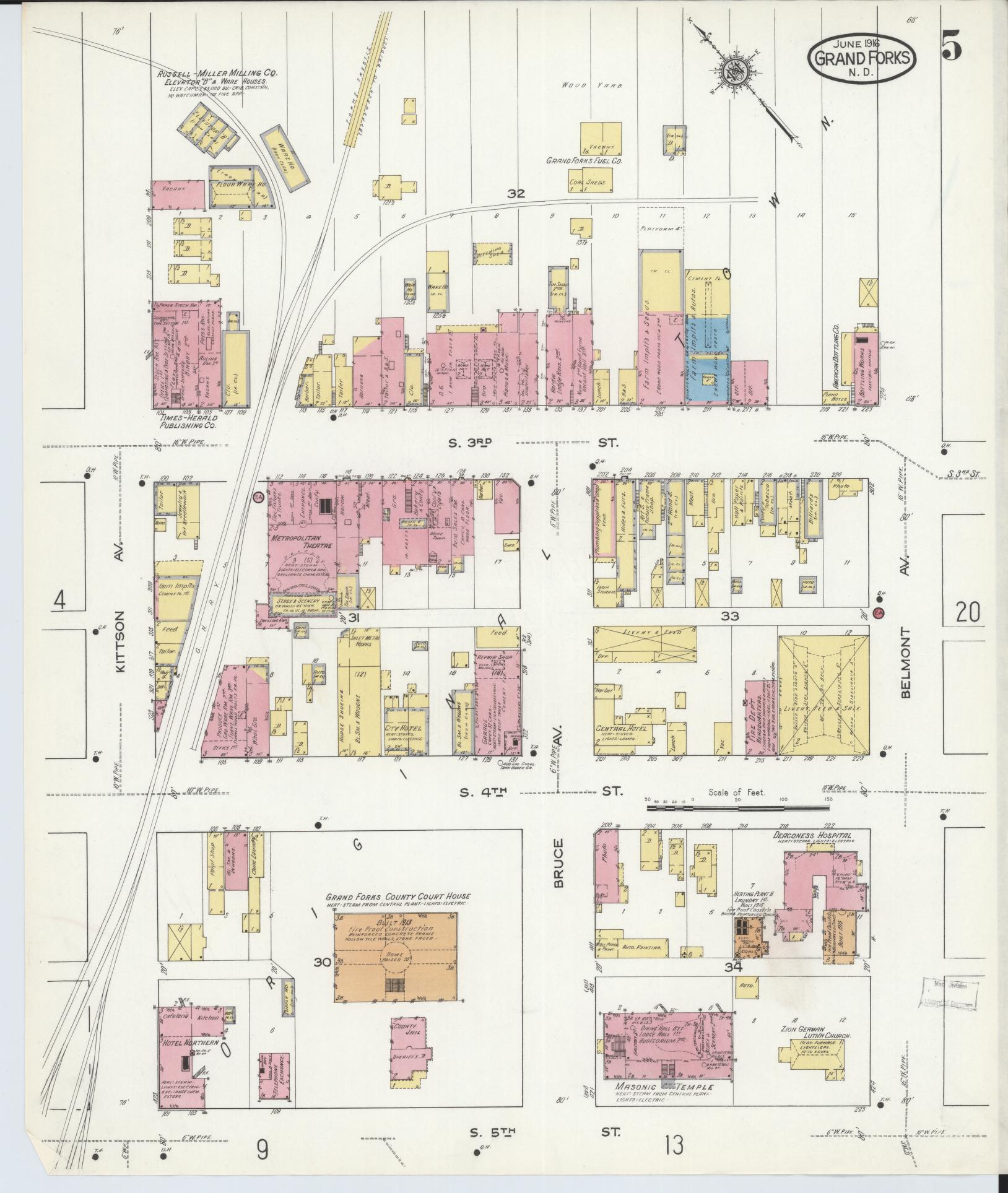 Sanborn Fire Insurance Map from Grand Forks, Grand Forks County, North Dakota (1916), Sheet #0005 - Historic Sanborn Fire Insurance Map Print, vintage old map wall art, antique decor, genealogy gift, North Dakota North Dakota map