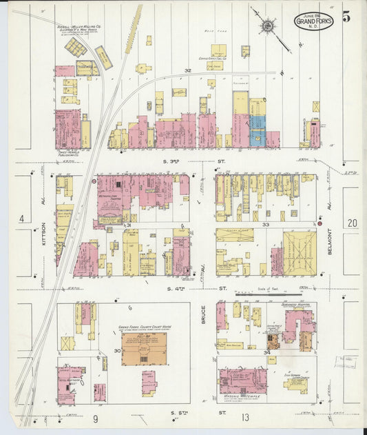 Sanborn Fire Insurance Map from Grand Forks, Grand Forks County, North Dakota (1916), Sheet #0005 - Historic Sanborn Fire Insurance Map Print, vintage old map wall art, antique decor, genealogy gift, North Dakota North Dakota map
