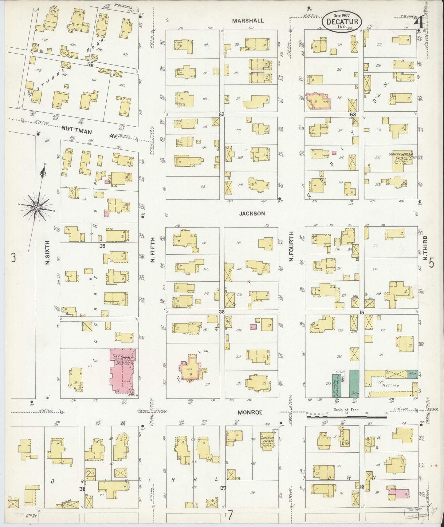 Sanborn Fire Insurance Map from Decatur, Adams County, Indiana (1907), Sheet #0004 - Complete Map Set gallery image, historic Sanborn map, vintage wall art, Indiana Indiana