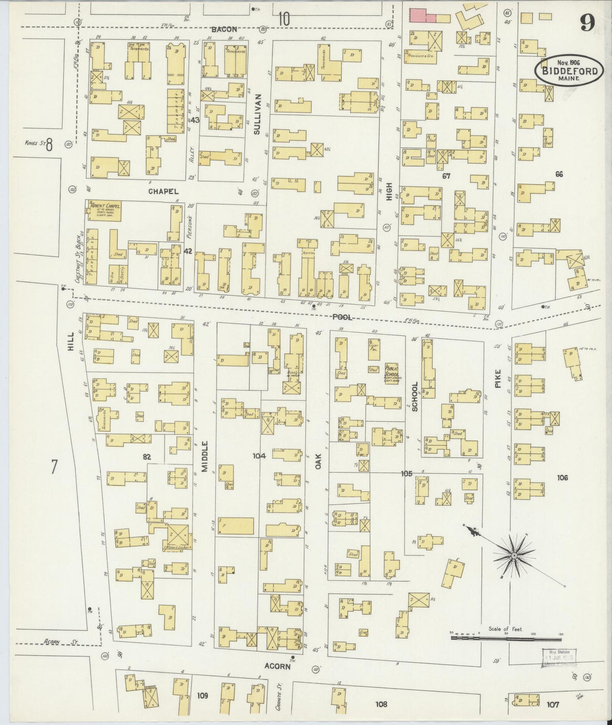 Sanborn Fire Insurance Map from Biddeford, York County, Maine (1906), Sheet #0009 - Complete Map Set gallery image, historic Sanborn map, vintage wall art, Maine Maine