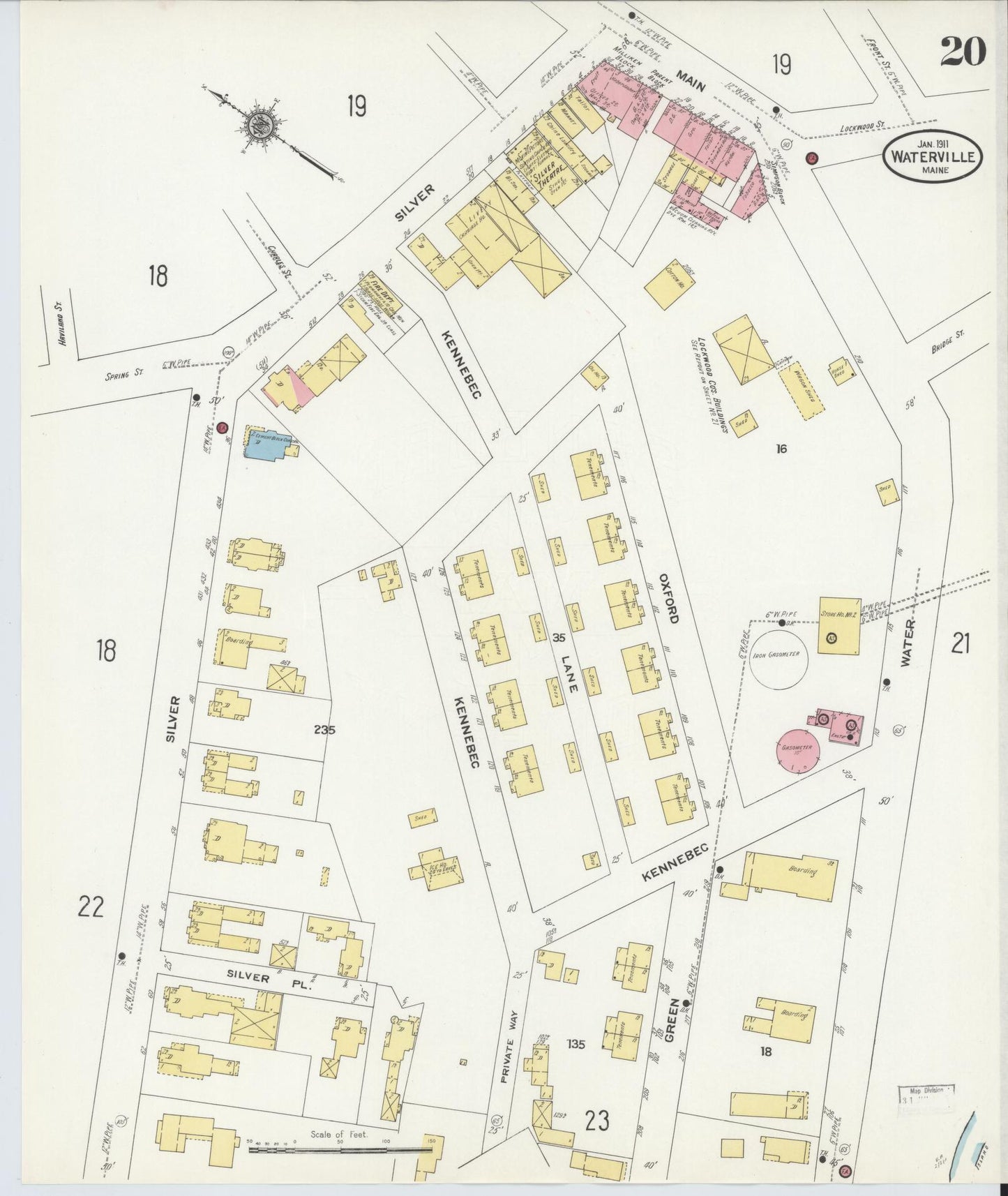 Sanborn Fire Insurance Map from Waterville, Kennebec County, Maine (1911), Sheet #0020 - Historic Sanborn Fire Insurance Map Print, vintage old map wall art, antique decor, genealogy gift, Maine Maine map