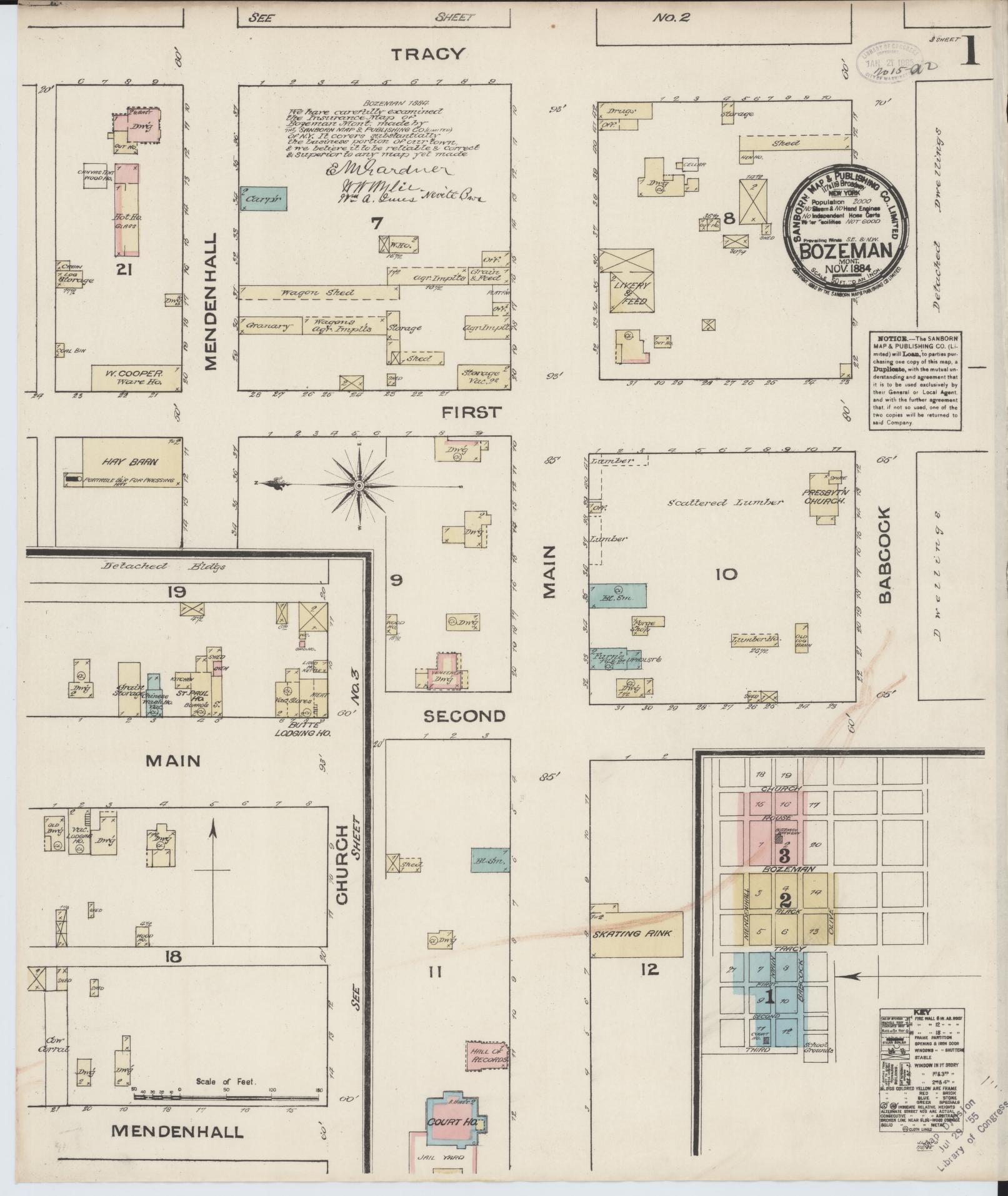 Sanborn Fire Insurance Map from Bozeman, Gallatin County, Montana (1884), Sheet #0001 - Historic Sanborn Fire Insurance Map Print, vintage old map wall art, antique decor, genealogy gift, Montana Montana map