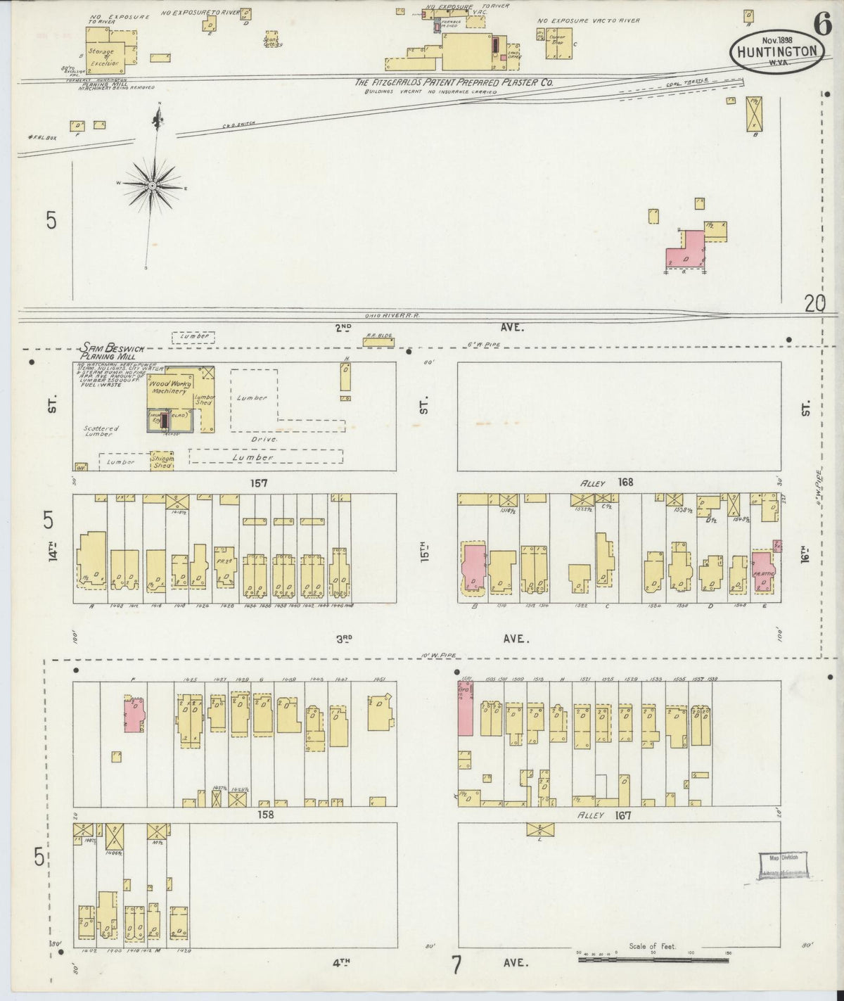 Sanborn Fire Insurance Map from Huntington, Cabell County, West Virginia (1898), Sheet #0006 - Complete Map Set gallery image, historic Sanborn map, vintage wall art, West Virginia West Virginia