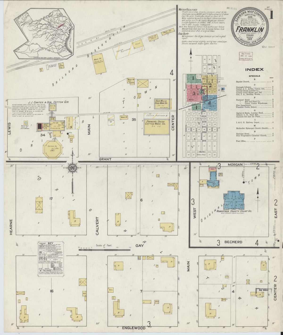 Sanborn Fire Insurance Map from Franklin, Robertson County, Texas (1916), Sheet #0001 - Historic Sanborn Fire Insurance Map Print, vintage old map wall art, antique decor, genealogy gift, Texas Texas map