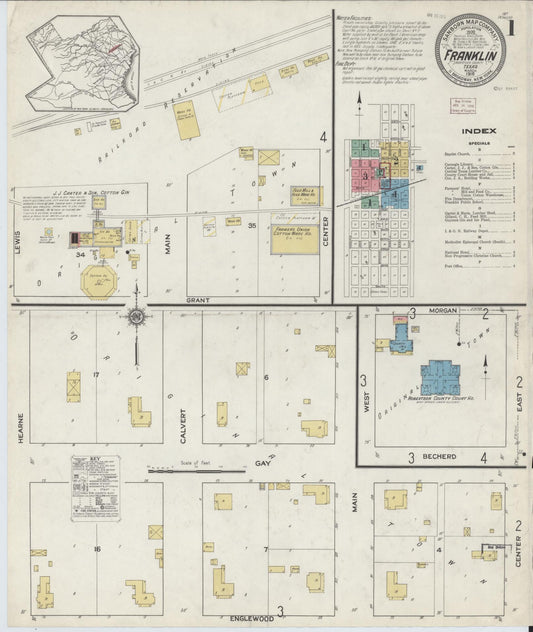 Sanborn Fire Insurance Map from Franklin, Robertson County, Texas (1916), Sheet #0001 - Historic Sanborn Fire Insurance Map Print, vintage old map wall art, antique decor, genealogy gift, Texas Texas map