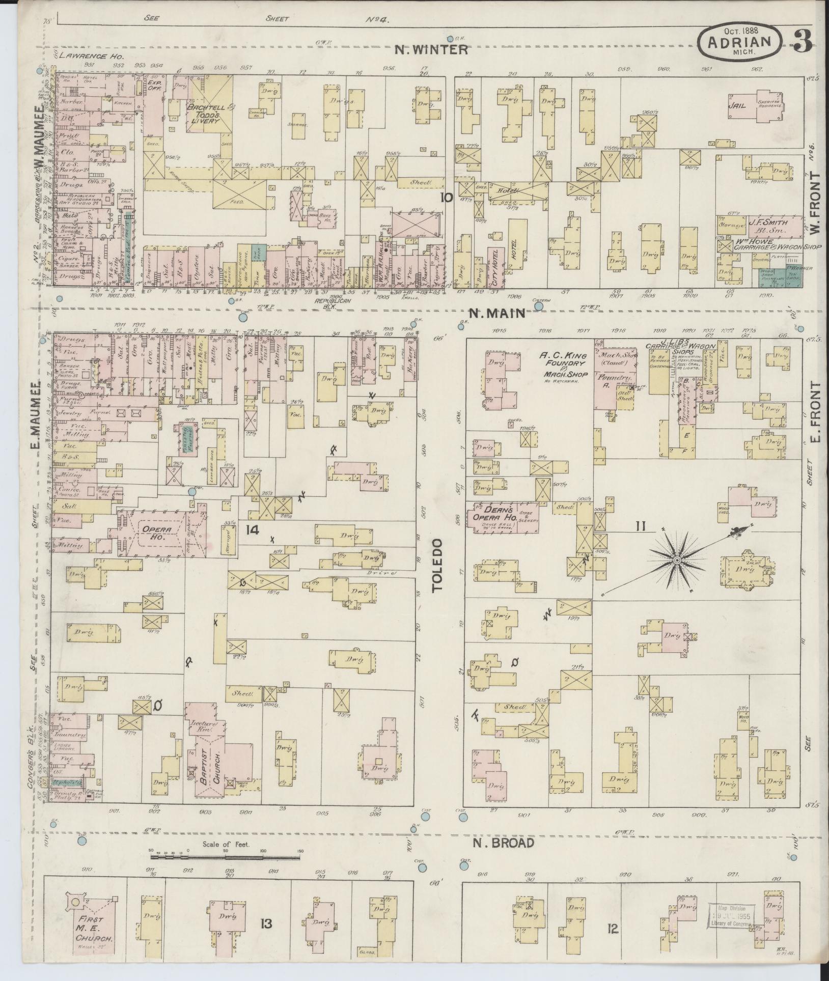 Sanborn Fire Insurance Map from Adrian, Lenawee County, Michigan (1888), Sheet #0003 - Complete Map Set gallery image, historic Sanborn map, vintage wall art, Michigan Michigan