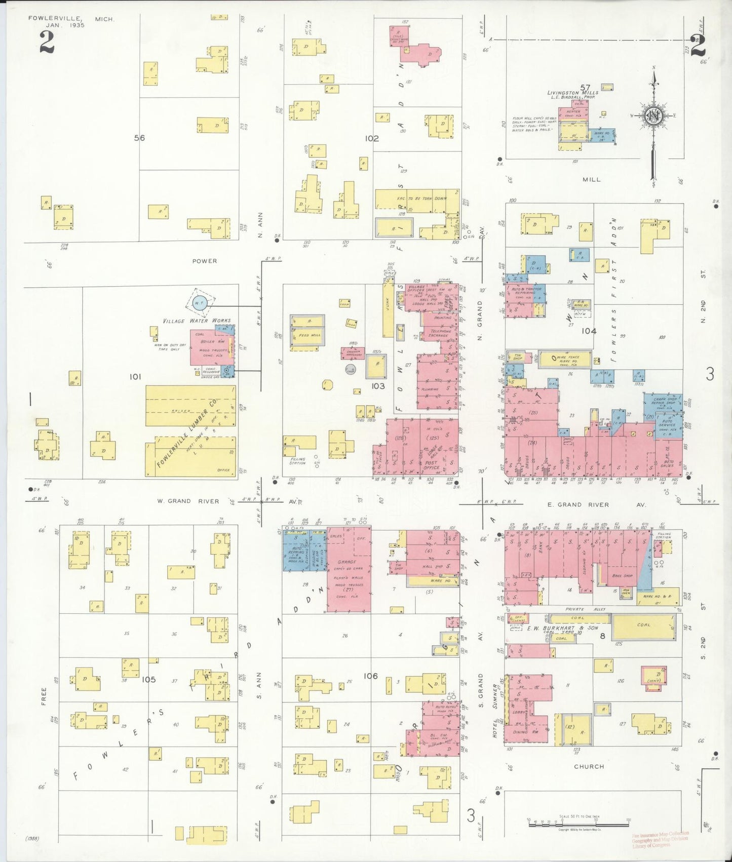 Sanborn Fire Insurance Map from Fowlerville, Livingston County, Michigan (1935), Sheet #0002 - Historic Sanborn Fire Insurance Map Print, vintage old map wall art, antique decor, genealogy gift, Michigan Michigan map