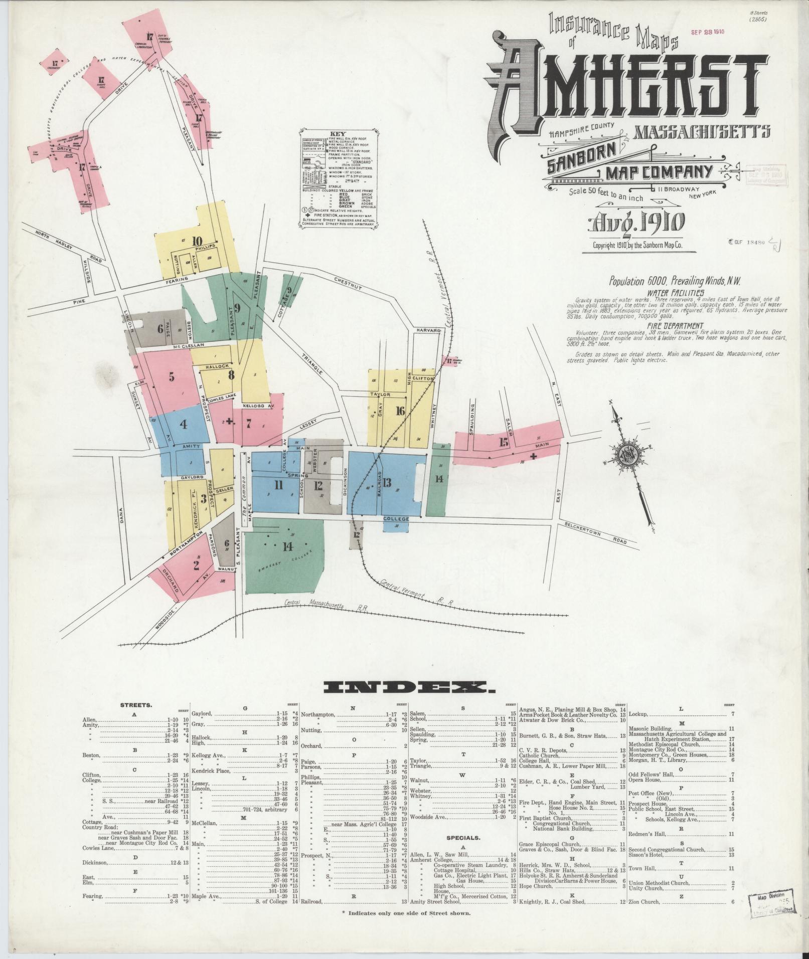 Sanborn Fire Insurance Map from Amherst, Hampshire County, Massachusetts (1910), Sheet #0001 - Complete Map Set gallery image, historic Sanborn map, vintage wall art, Massachusetts Massachusetts