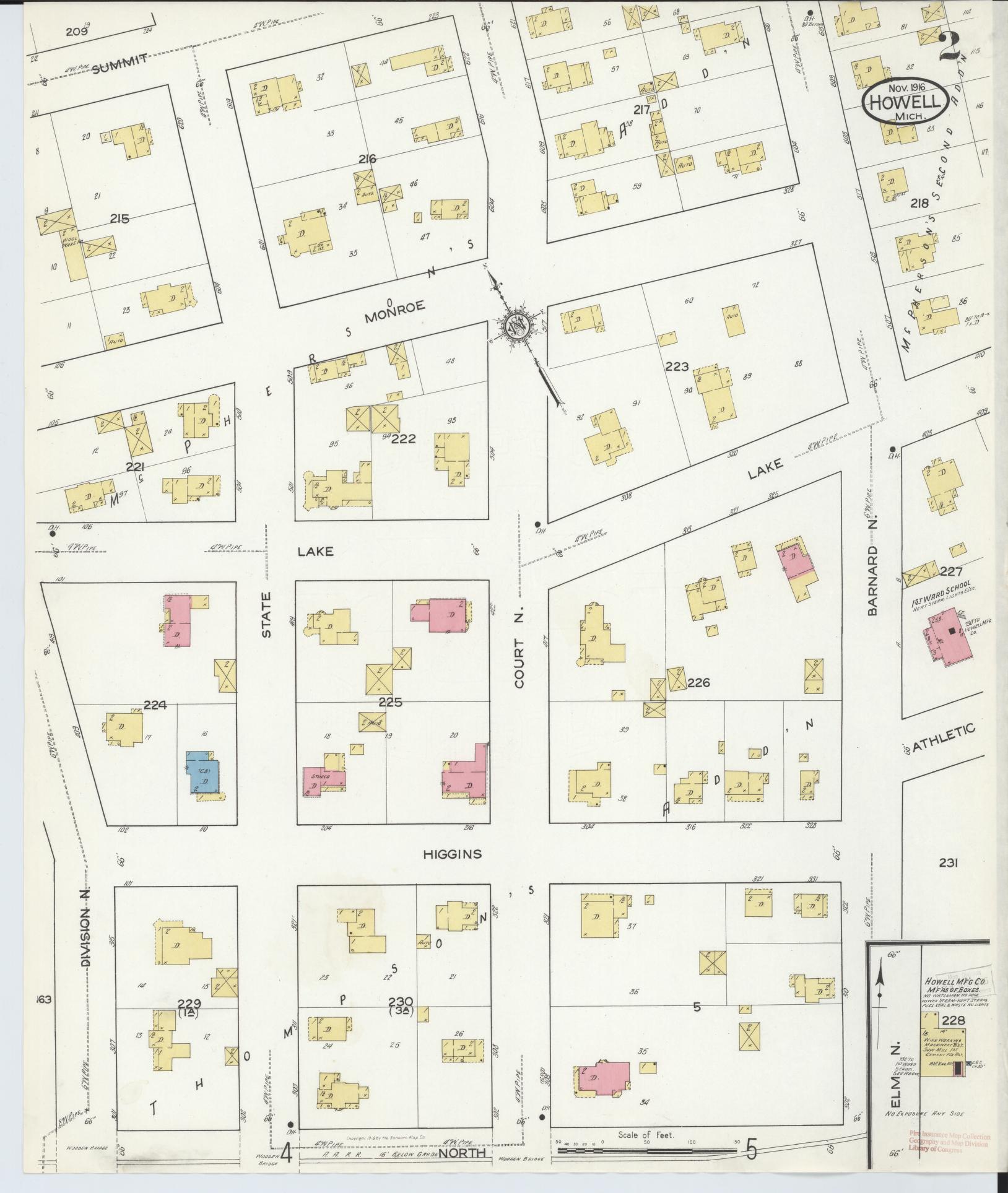 Sanborn Fire Insurance Map from Howell, Livingston County, Michigan (1916), Sheet #0002 - Complete Map Set gallery image, historic Sanborn map, vintage wall art, Michigan Michigan