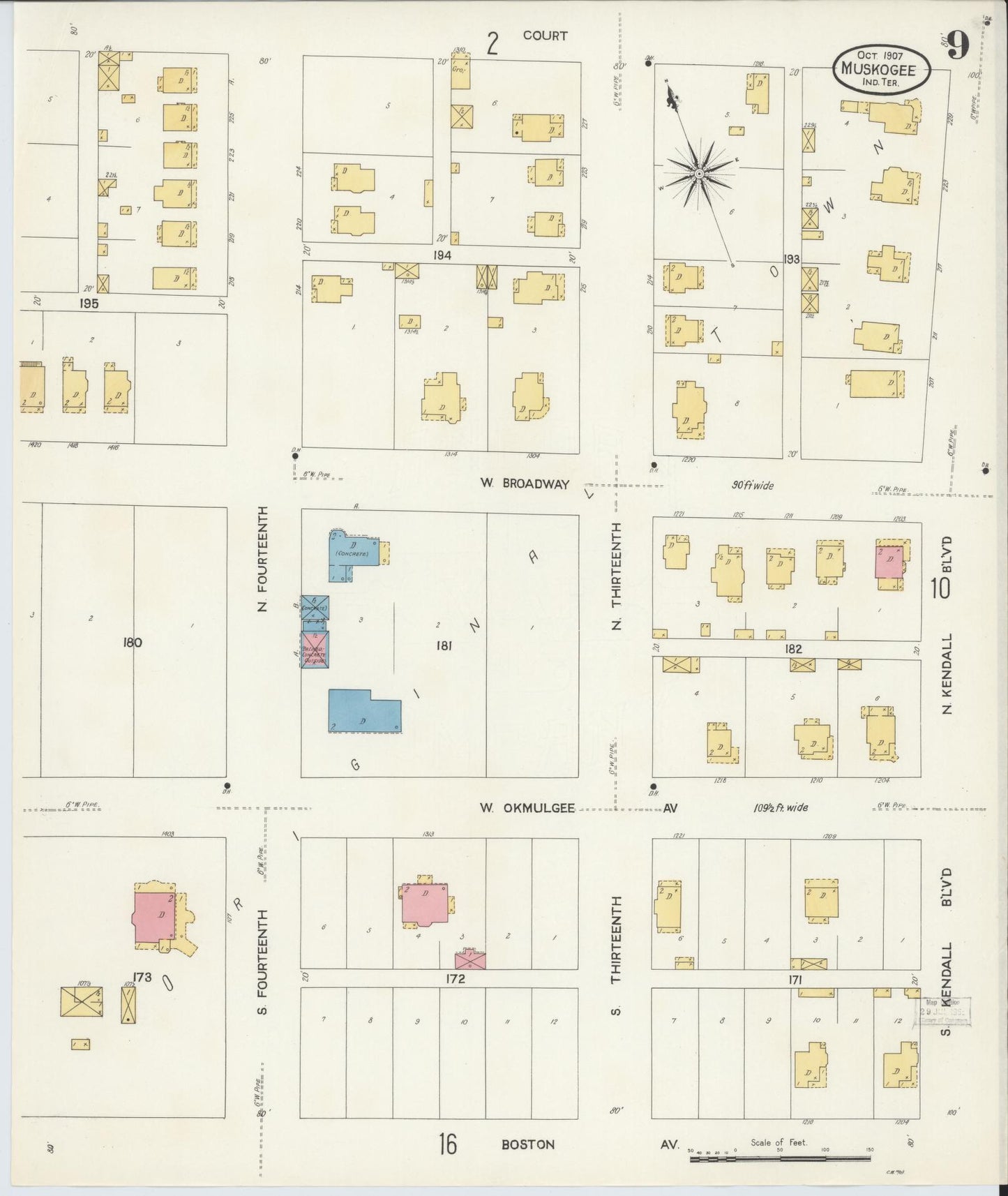Sanborn Fire Insurance Map from Muskogee, Muskogee County, Oklahoma (1907), Sheet #0009 - Complete Map Set gallery image, historic Sanborn map, vintage wall art, Oklahoma Oklahoma