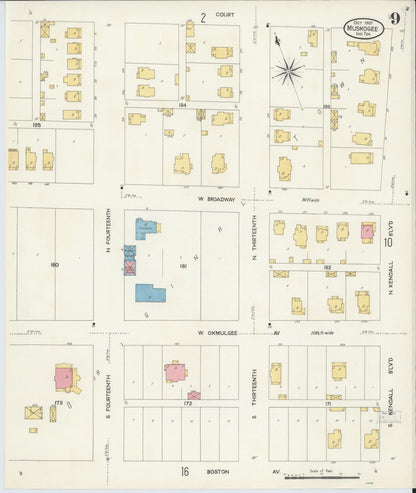 Sanborn Fire Insurance Map from Muskogee, Muskogee County, Oklahoma (1907), Sheet #0009 - Complete Map Set gallery image, historic Sanborn map, vintage wall art, Oklahoma Oklahoma