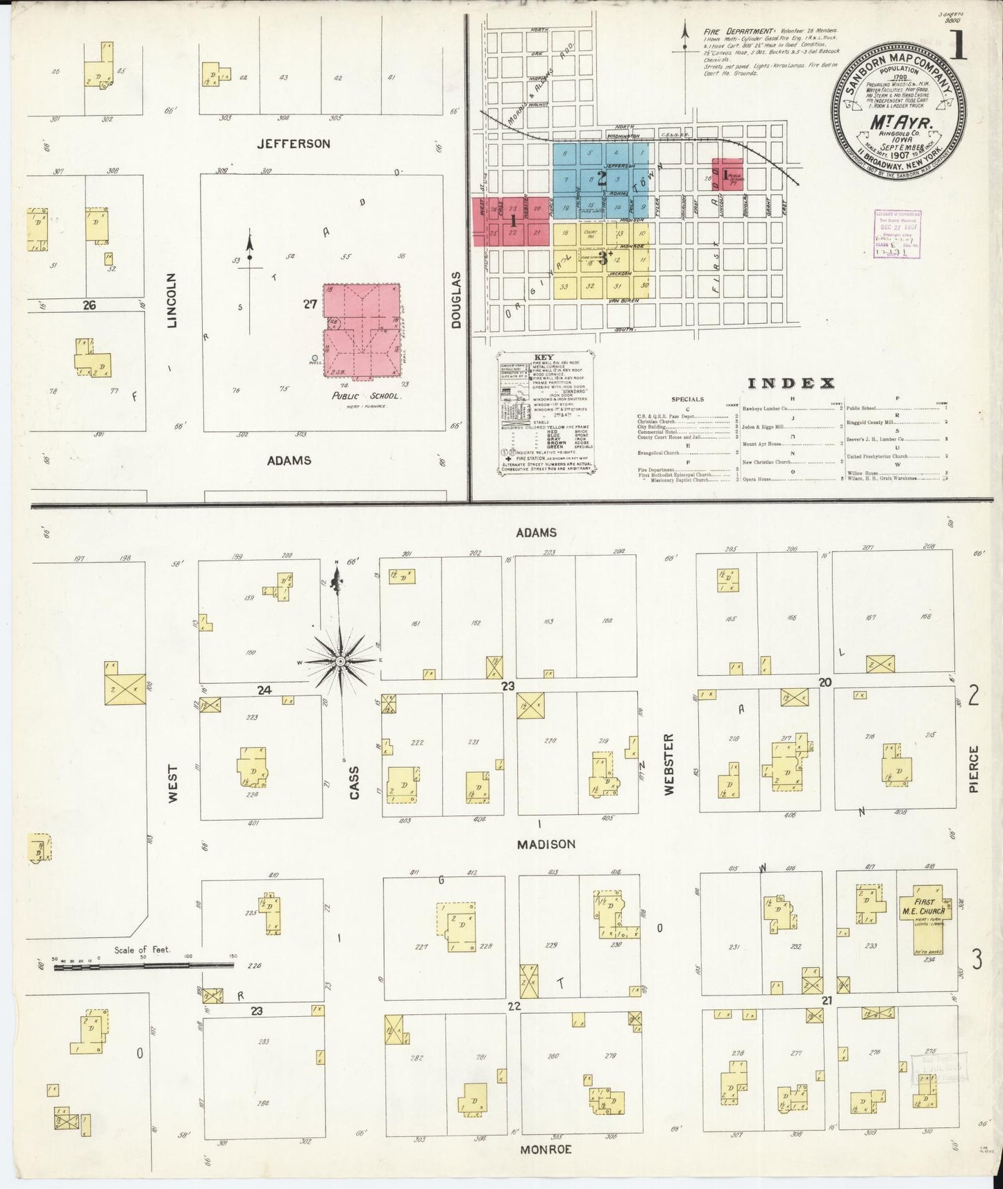 Sanborn Fire Insurance Map from Mount Ayr, Ringgold County, Iowa (1907), Sheet #0001 - Historic Sanborn Fire Insurance Map Print