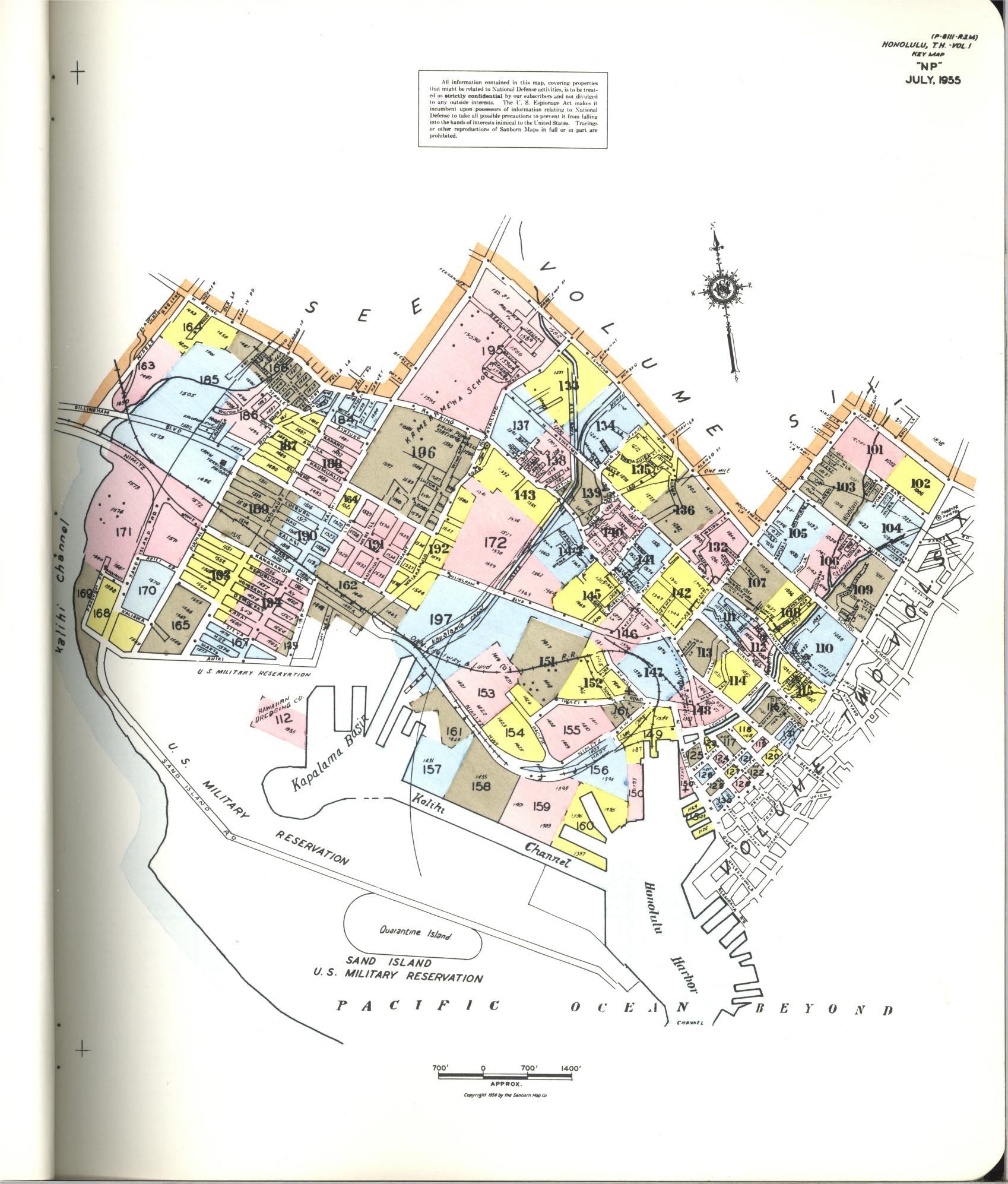 Sanborn Fire Insurance Map from Honolulu, Oahu County, Hawaii (1955), Sheet #0001 - Historic Sanborn Fire Insurance Map Print, vintage old map wall art, antique decor, genealogy gift, Hawaii Hawaii map