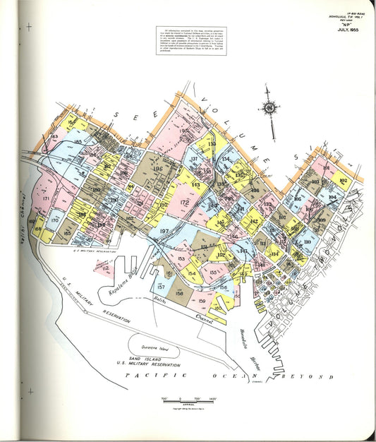 Sanborn Fire Insurance Map from Honolulu, Oahu County, Hawaii (1955), Sheet #0001 - Historic Sanborn Fire Insurance Map Print, vintage old map wall art, antique decor, genealogy gift, Hawaii Hawaii map