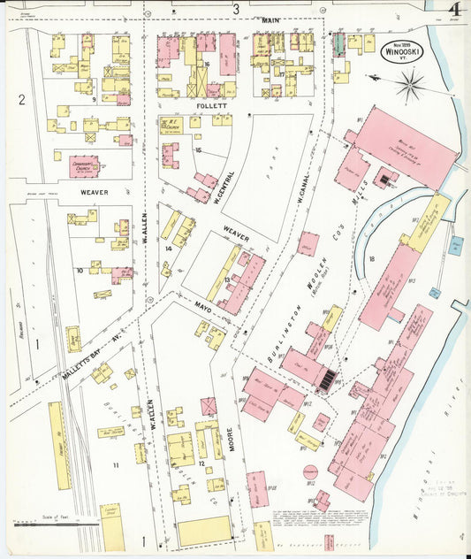 Sanborn Fire Insurance Map from Winooski, Chittenden County, Vermont (1899), Sheet #0004 - Historic Sanborn Fire Insurance Map Print, vintage old map wall art, antique decor, genealogy gift, Vermont Vermont map