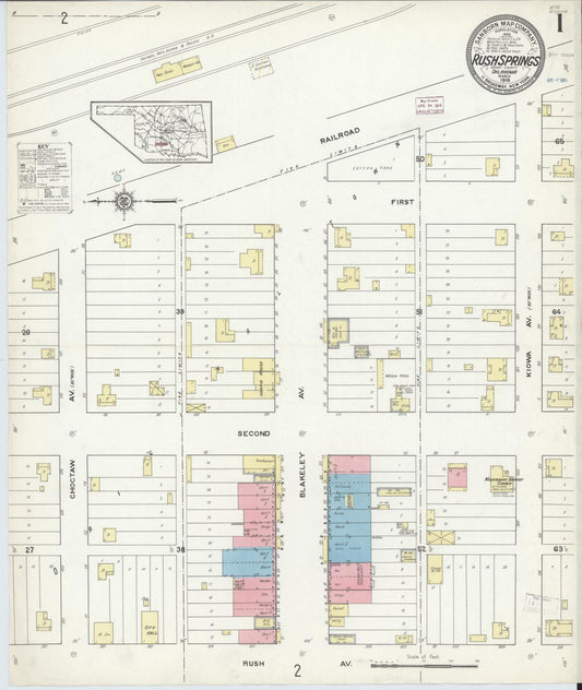Sanborn Fire Insurance Map from Rush Springs, Grady County, Oklahoma (1914), Sheet #0001 - Historic Sanborn Fire Insurance Map Print, vintage old map wall art, antique decor, genealogy gift, Oklahoma Oklahoma map