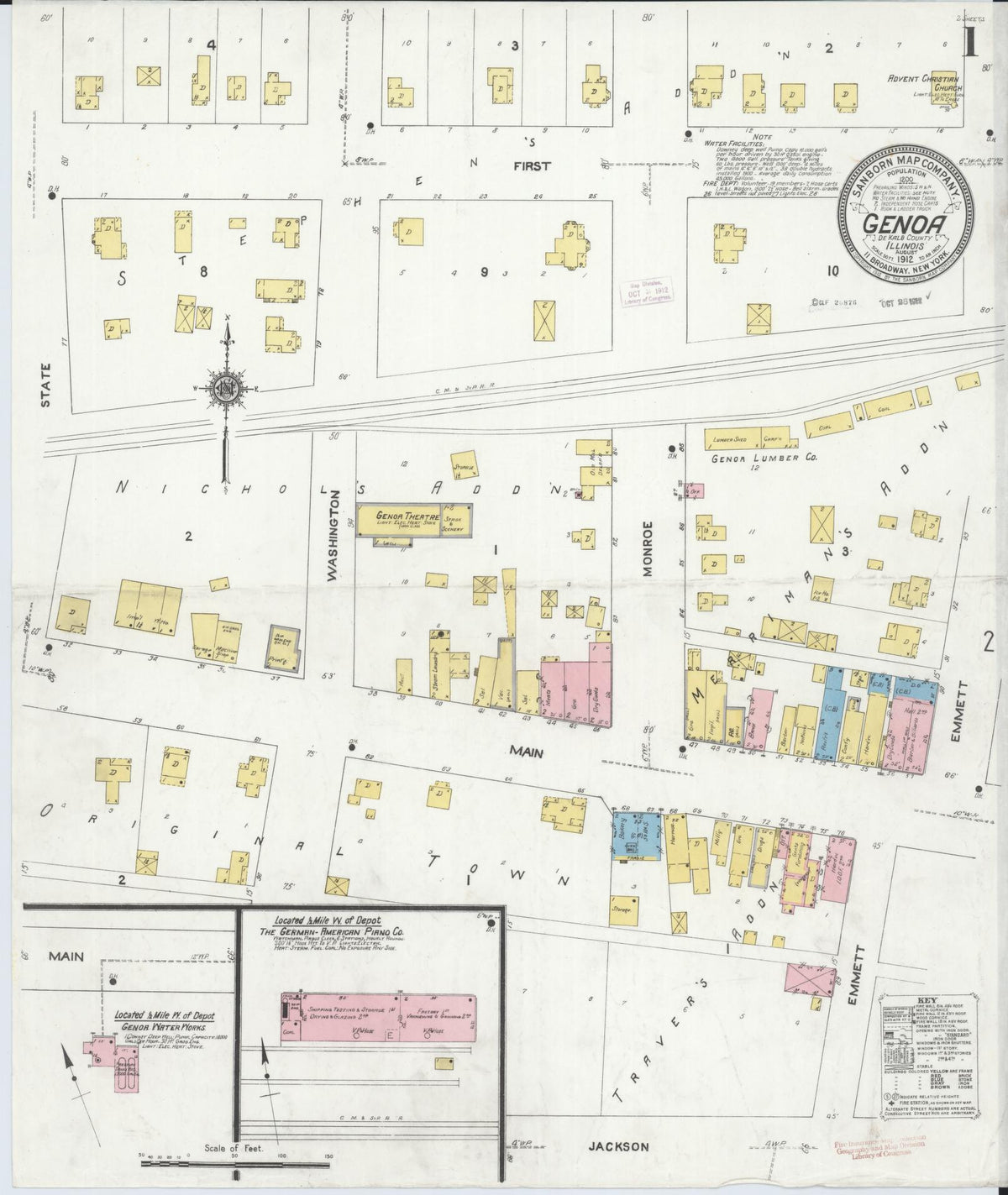 Sanborn Fire Insurance Map from Genoa, De Kalb County, Illinois (1912), Sheet #0001 - Complete Map Set gallery image, historic Sanborn map, vintage wall art, Illinois Illinois