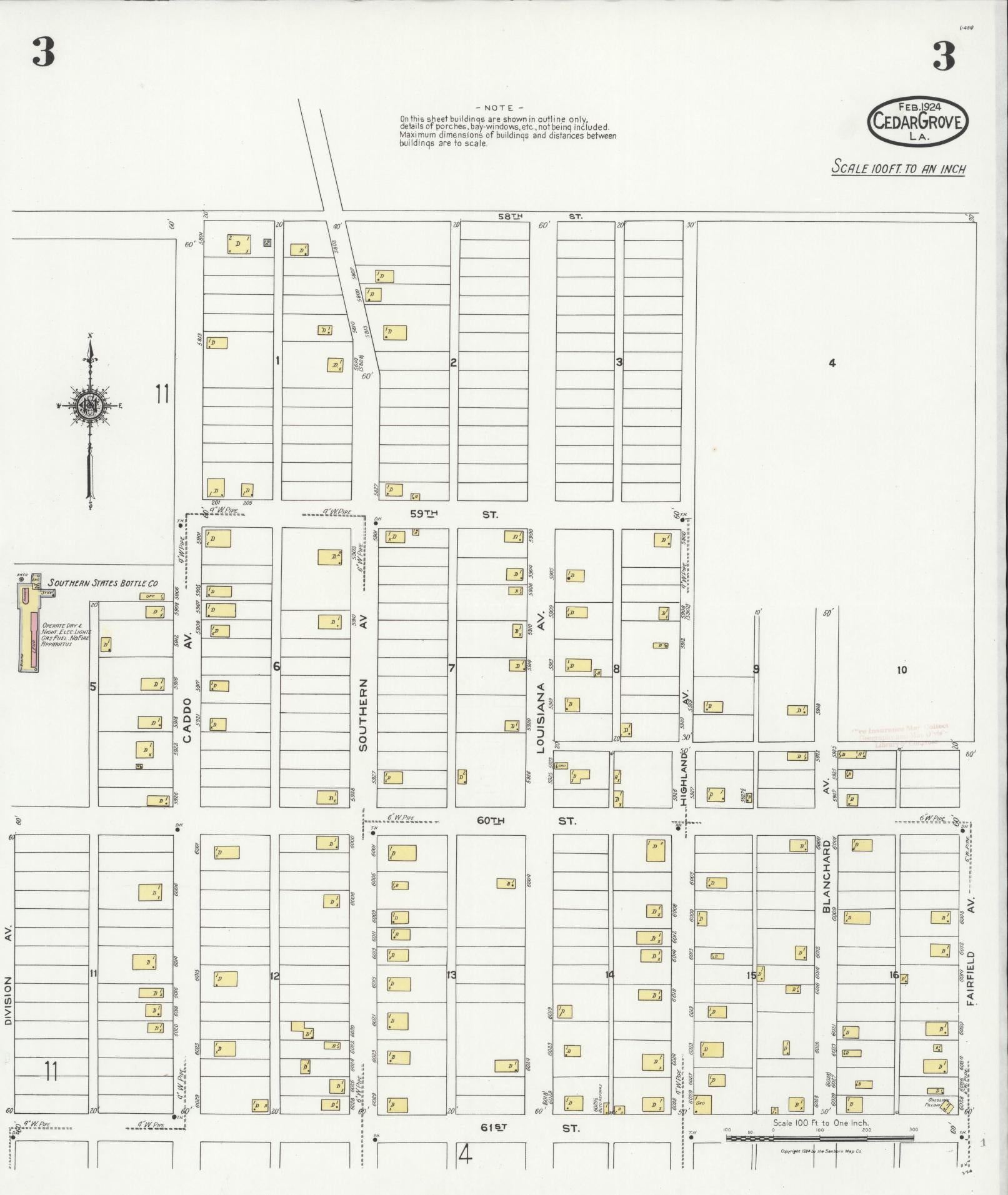 Sanborn Fire Insurance Map from Cedar Grove, Caddo Parish, Louisiana (1924), Sheet #0003 - Historic Sanborn Fire Insurance Map Print, vintage old map wall art, antique decor, genealogy gift, Louisiana Louisiana map
