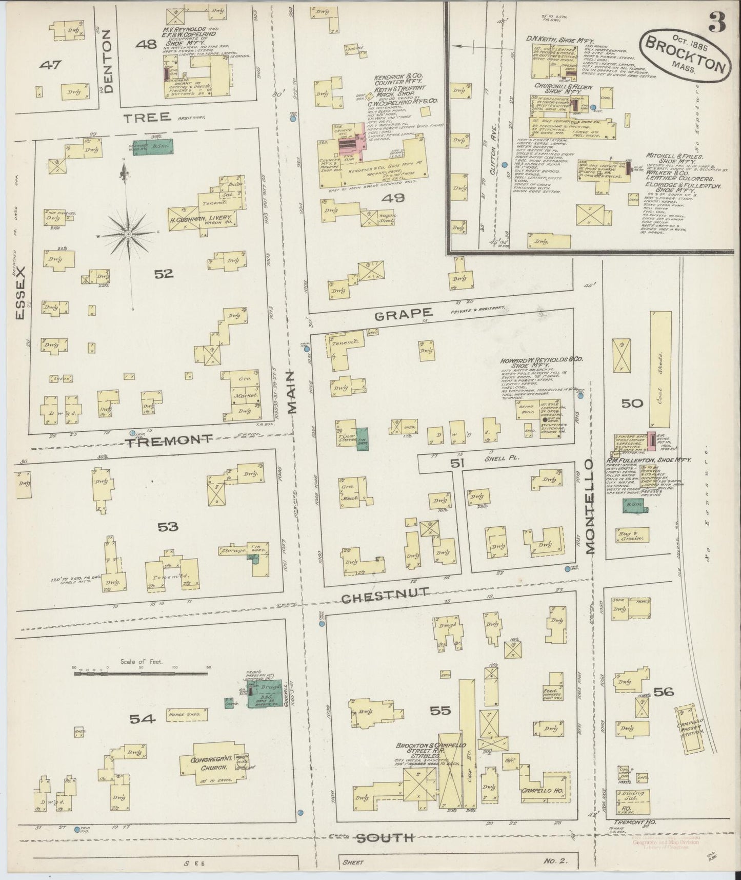 Sanborn Fire Insurance Map from Brockton, Plymouth County, Massachusetts (1885), Sheet #0003 - Historic Sanborn Fire Insurance Map Print, vintage old map wall art, antique decor, genealogy gift, Massachusetts Massachusetts map
